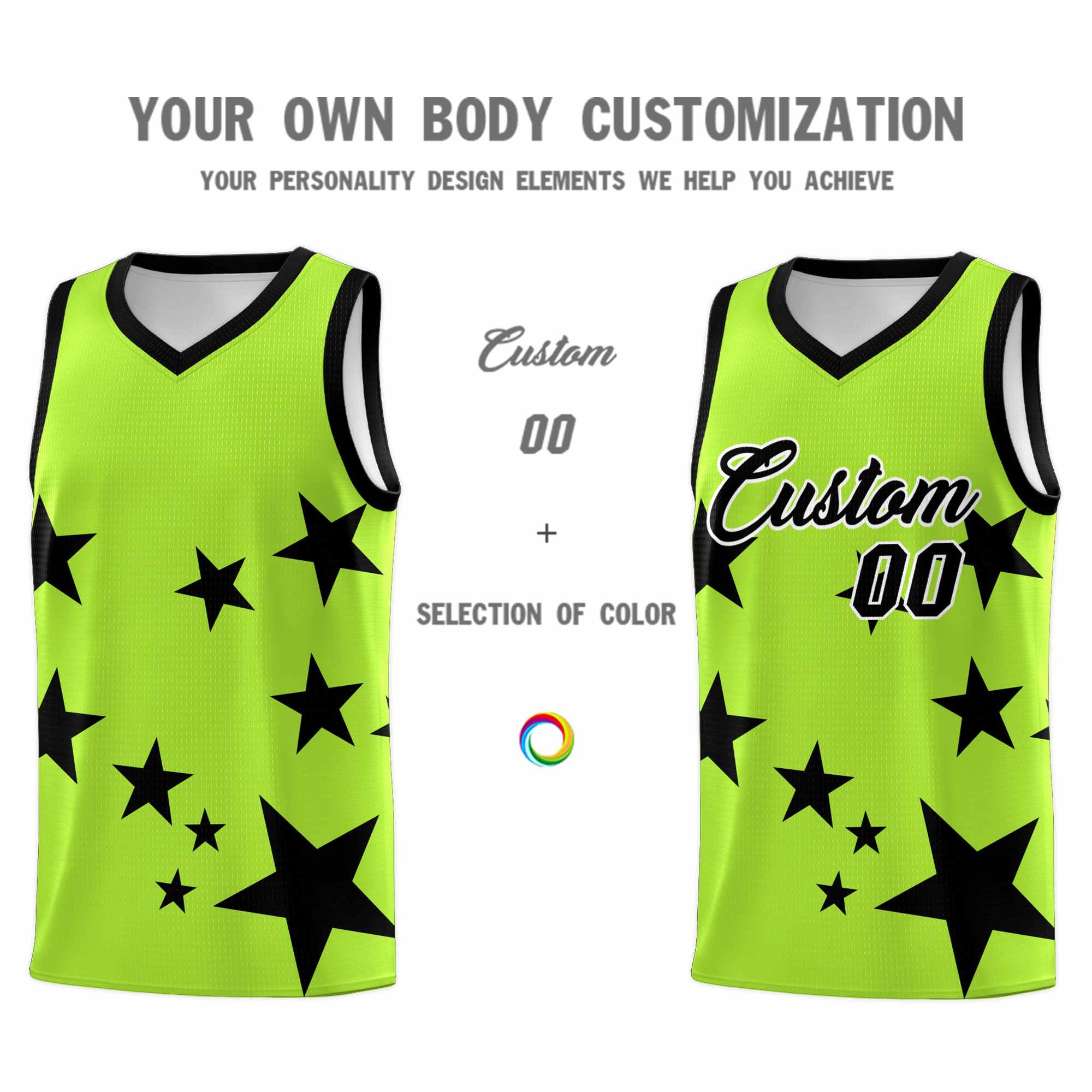 Custom Light Green Black Graffiti Pattern Star Print Basketball Kits Sets