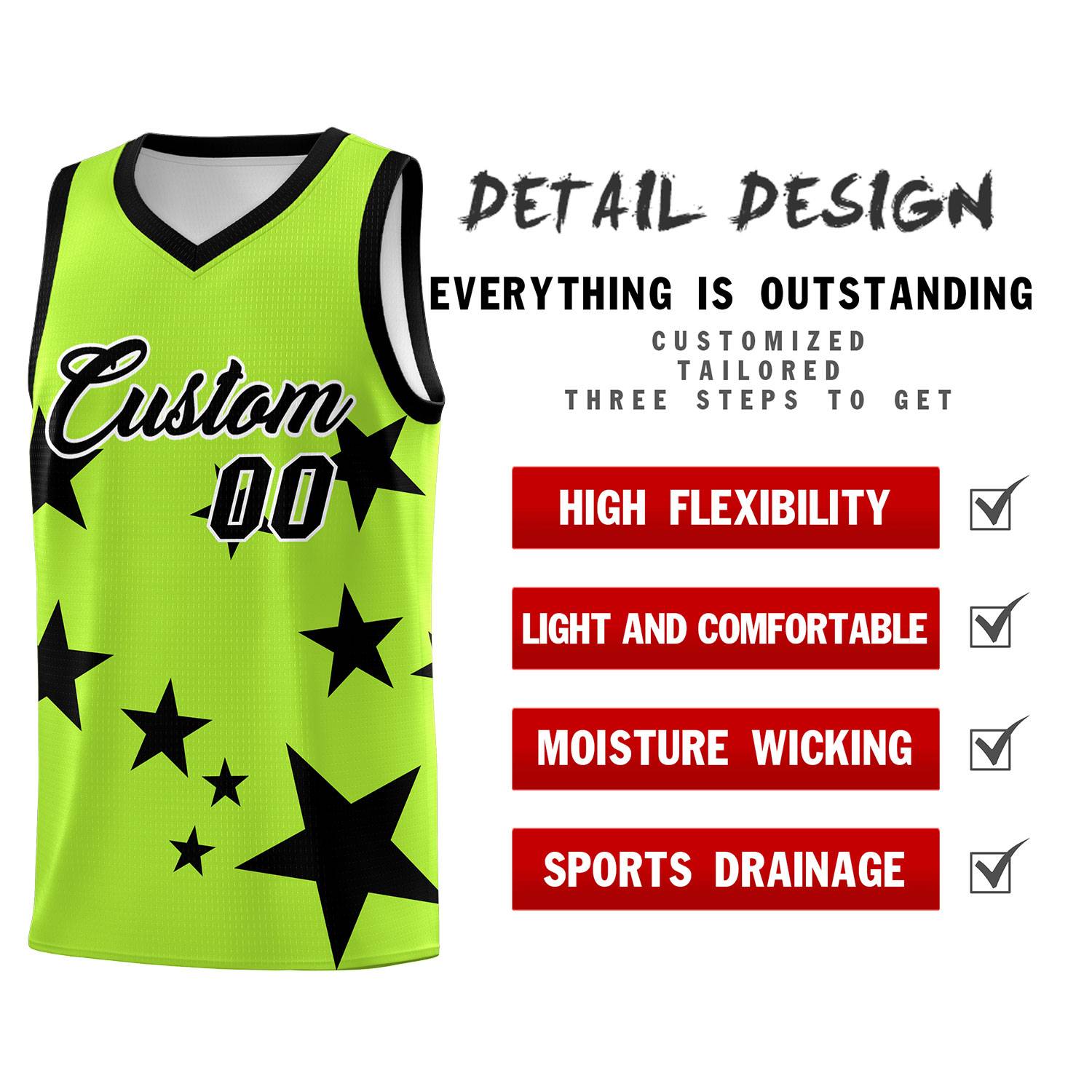 Custom Light Green Black Graffiti Pattern Star Print Basketball Kits Sets