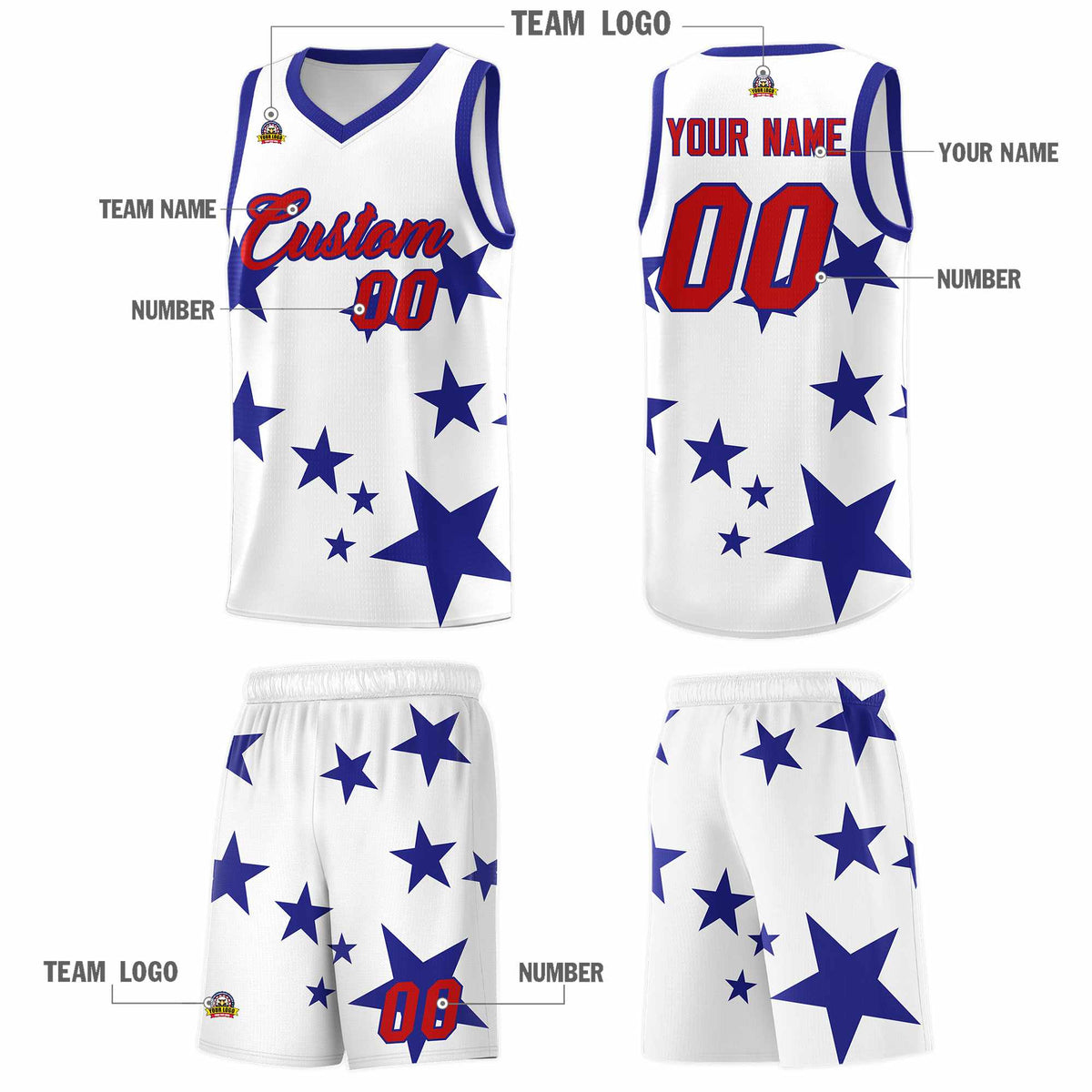 Custom White Royal Graffiti Pattern Star Print Basketball Kits Sets