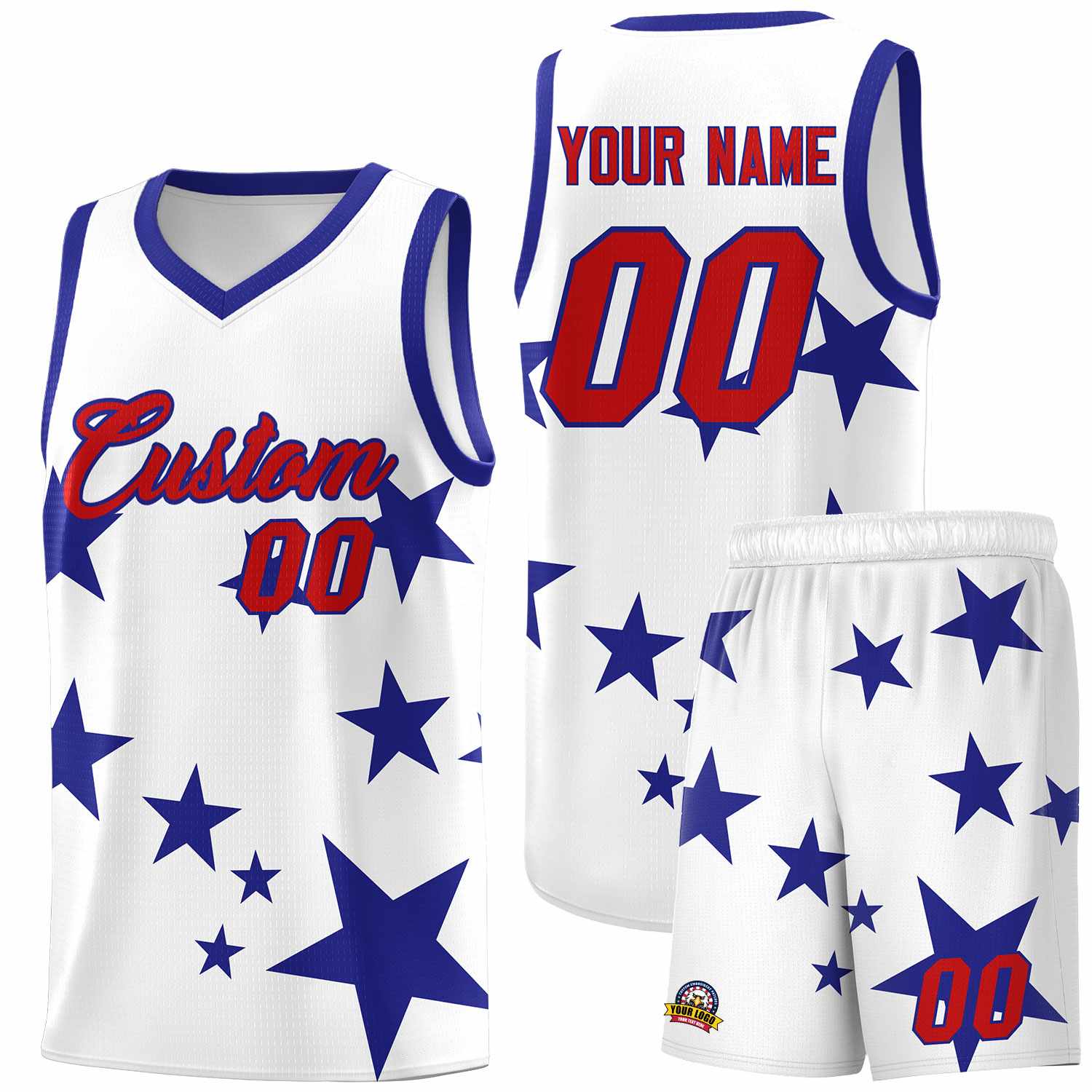 Custom White Royal Graffiti Pattern Star Print Basketball Kits Sets