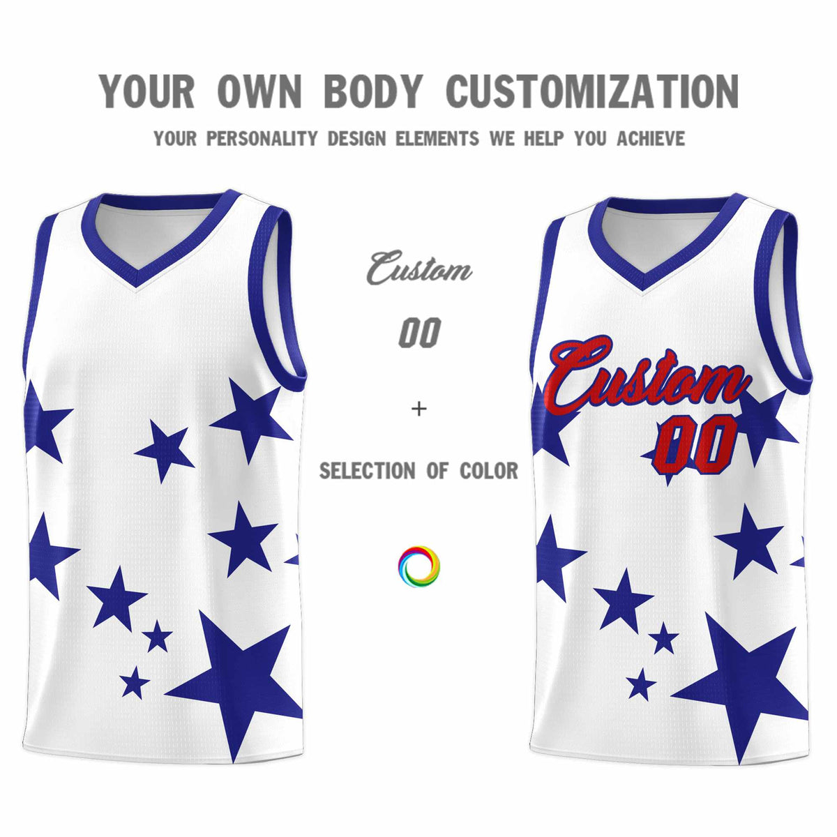 Custom White Royal Graffiti Pattern Star Print Basketball Kits Sets
