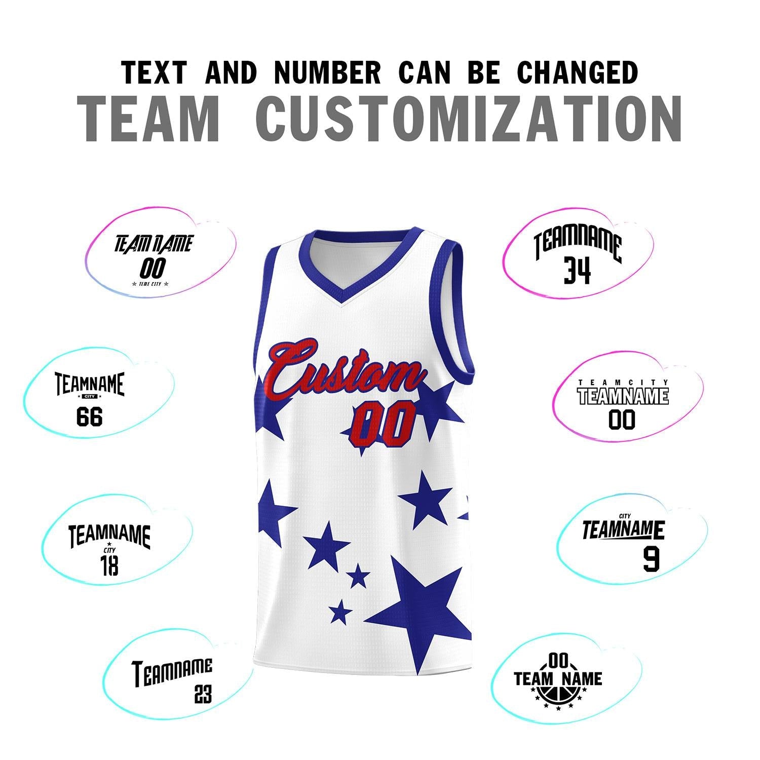 Custom White Royal Graffiti Pattern Star Print Basketball Kits Sets