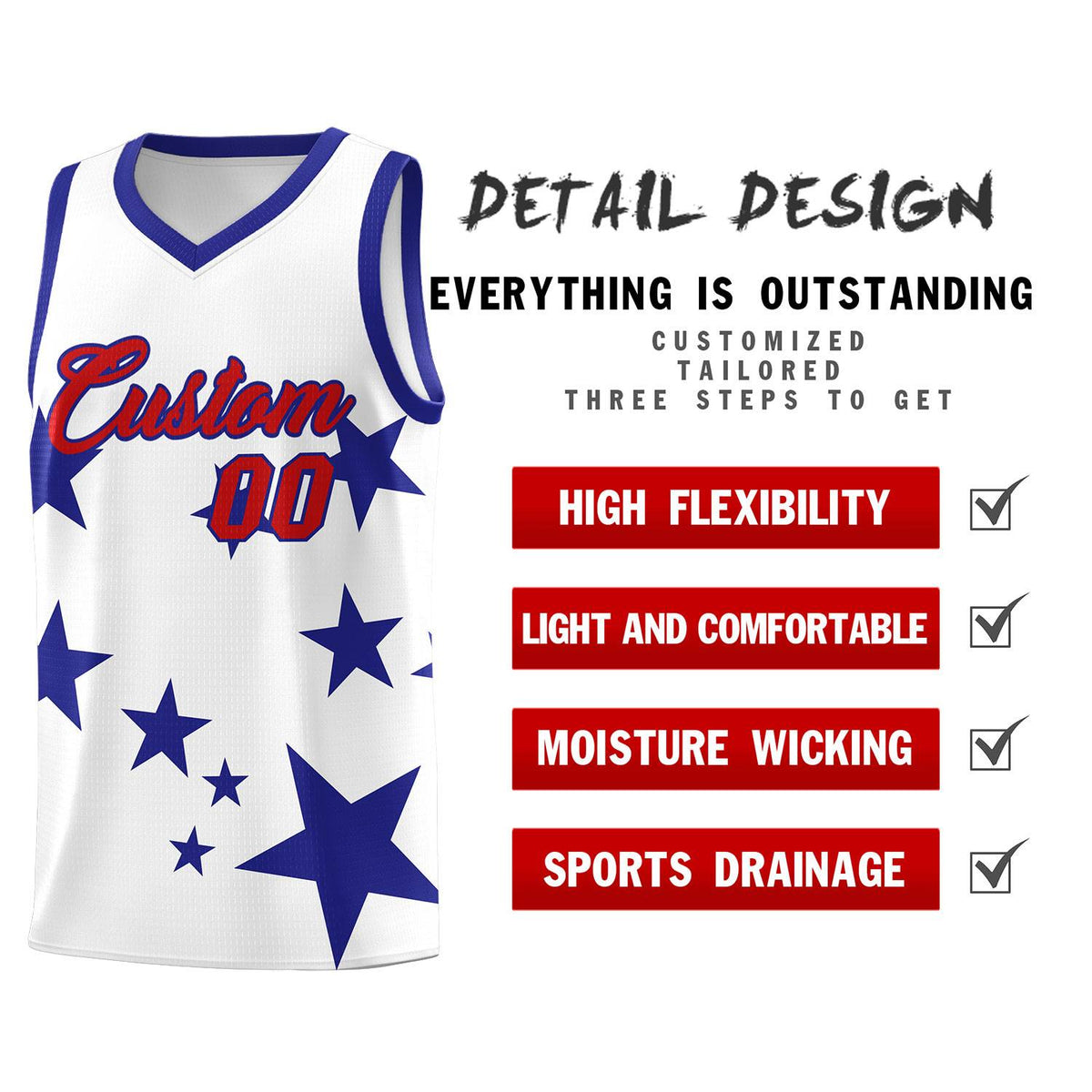 Custom White Royal Graffiti Pattern Star Print Basketball Kits Sets