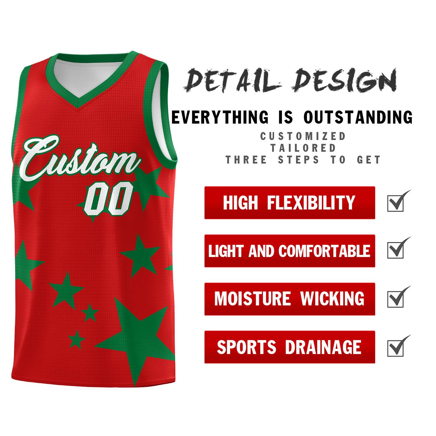 Custom Red Kelly Green Graffiti Pattern Star Print Basketball Kits Sets