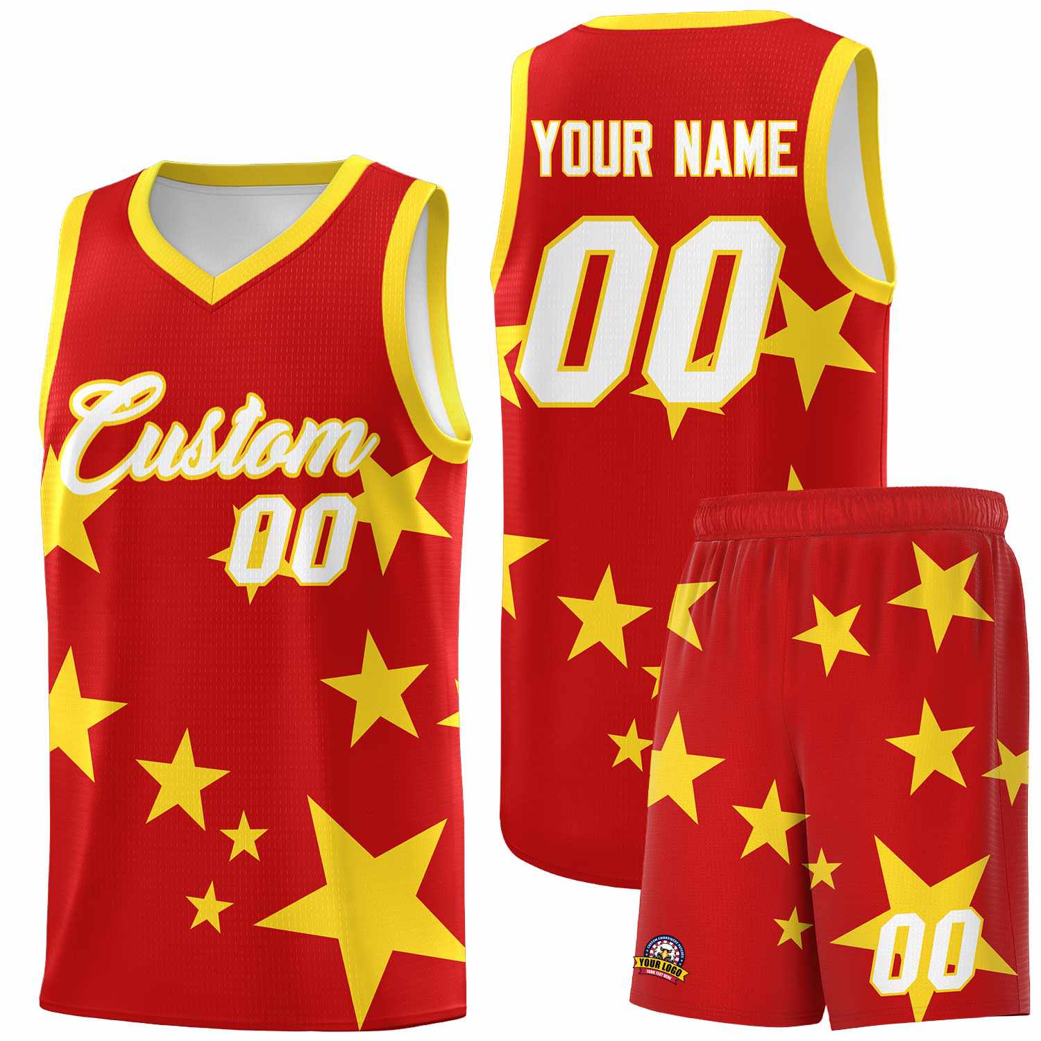 Custom Red Gold Graffiti Pattern Star Print Basketball Kits Sets
