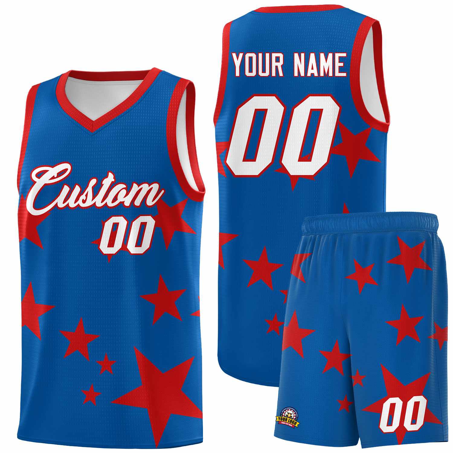 Custom Royal Red Graffiti Pattern Star Print Basketball Kits Sets