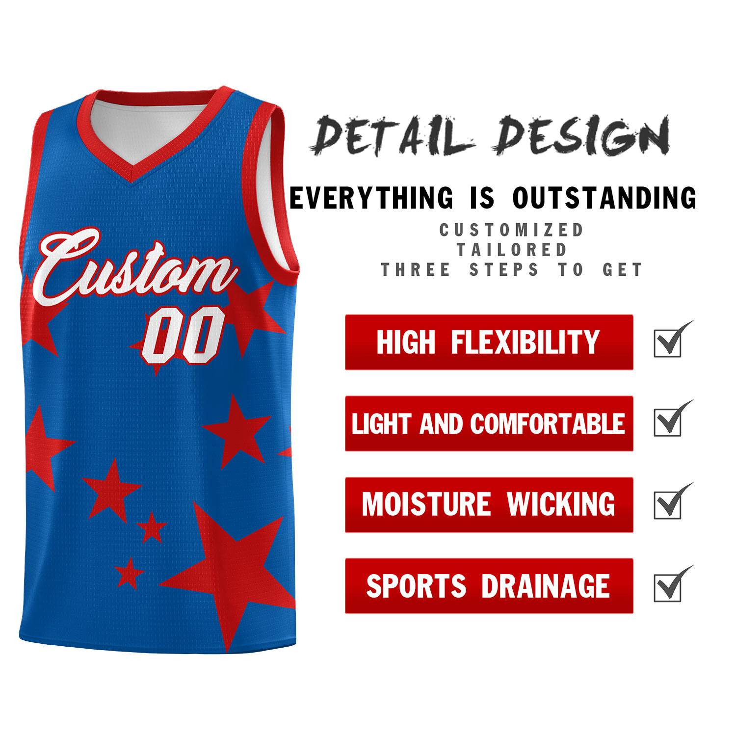 Custom Royal Red Graffiti Pattern Star Print Basketball Kits Sets