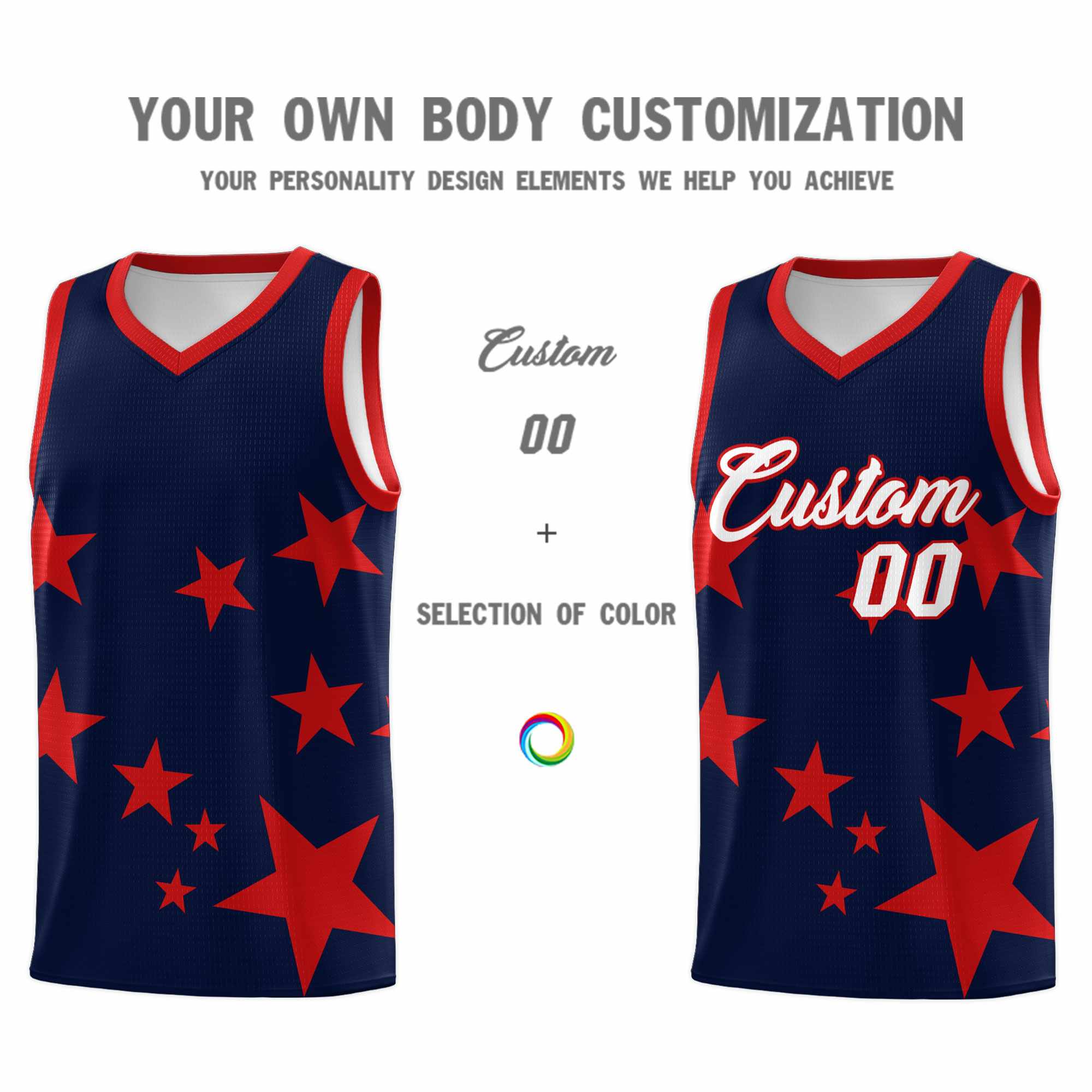 Custom Navy Red Graffiti Pattern Star Print Basketball Kits Sets