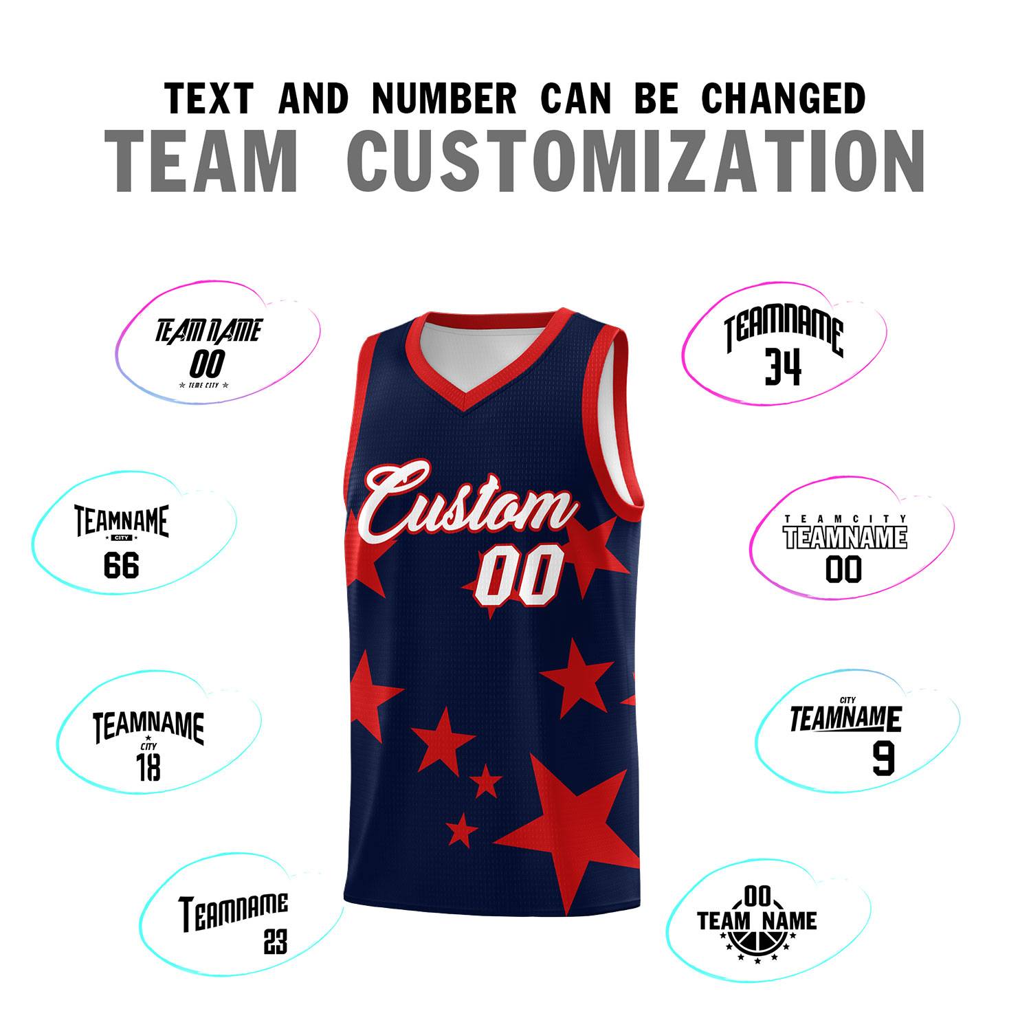 Custom Navy Red Graffiti Pattern Star Print Basketball Kits Sets