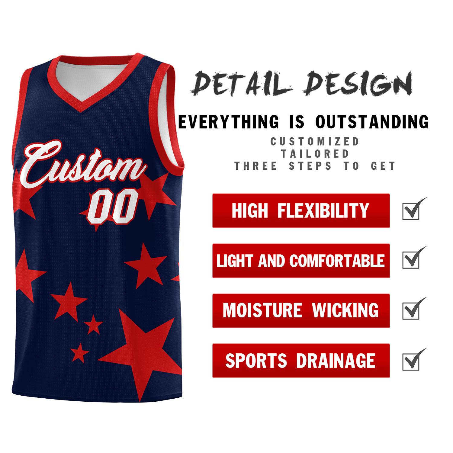 Custom Navy Red Graffiti Pattern Star Print Basketball Kits Sets
