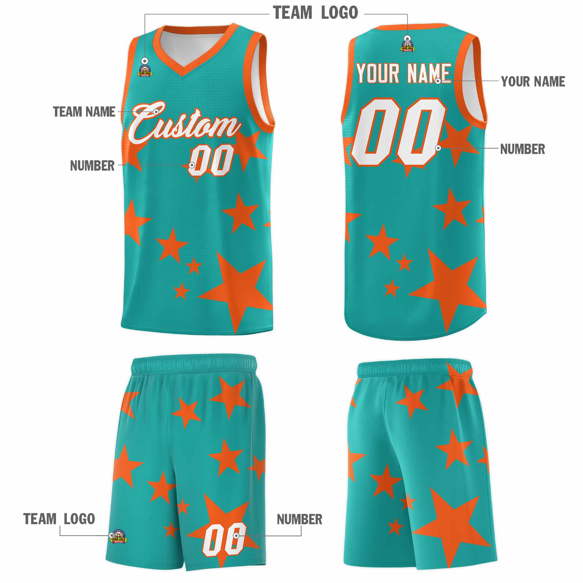 Custom Aqua Orange Graffiti Pattern Star Print Basketball Kits Sets