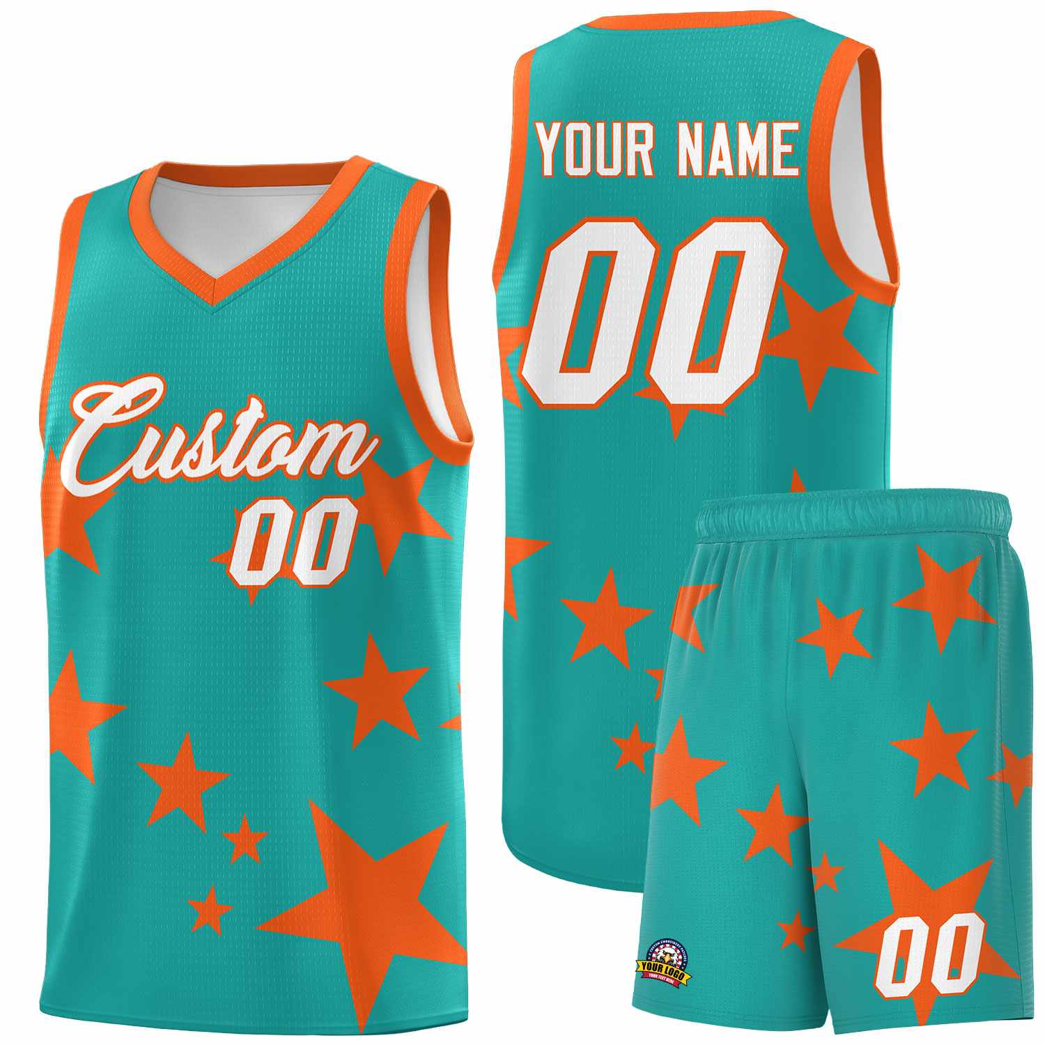 Custom Aqua Orange Graffiti Pattern Star Print Basketball Kits Sets