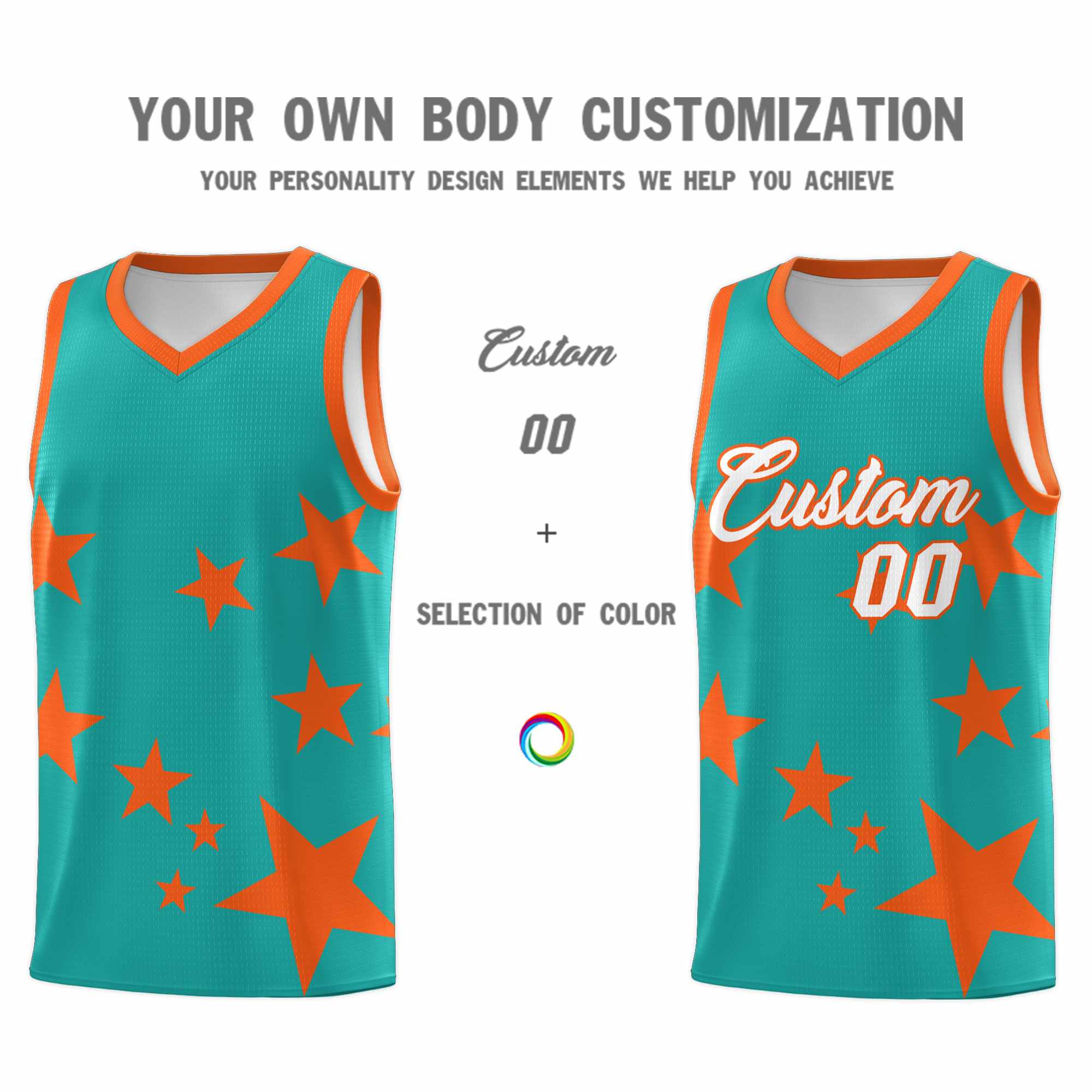 Custom Aqua Orange Graffiti Pattern Star Print Basketball Kits Sets