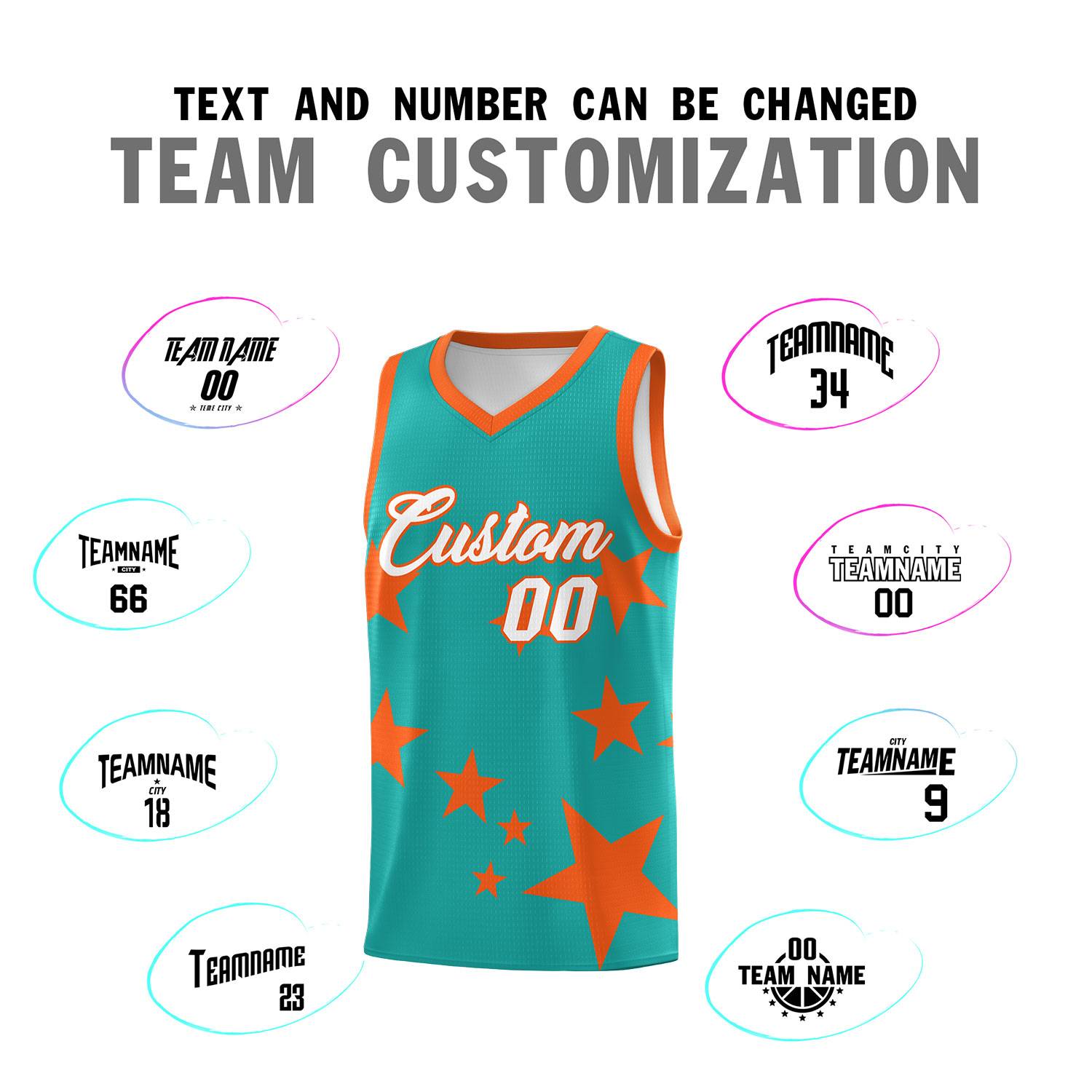 Custom Aqua Orange Graffiti Pattern Star Print Basketball Kits Sets