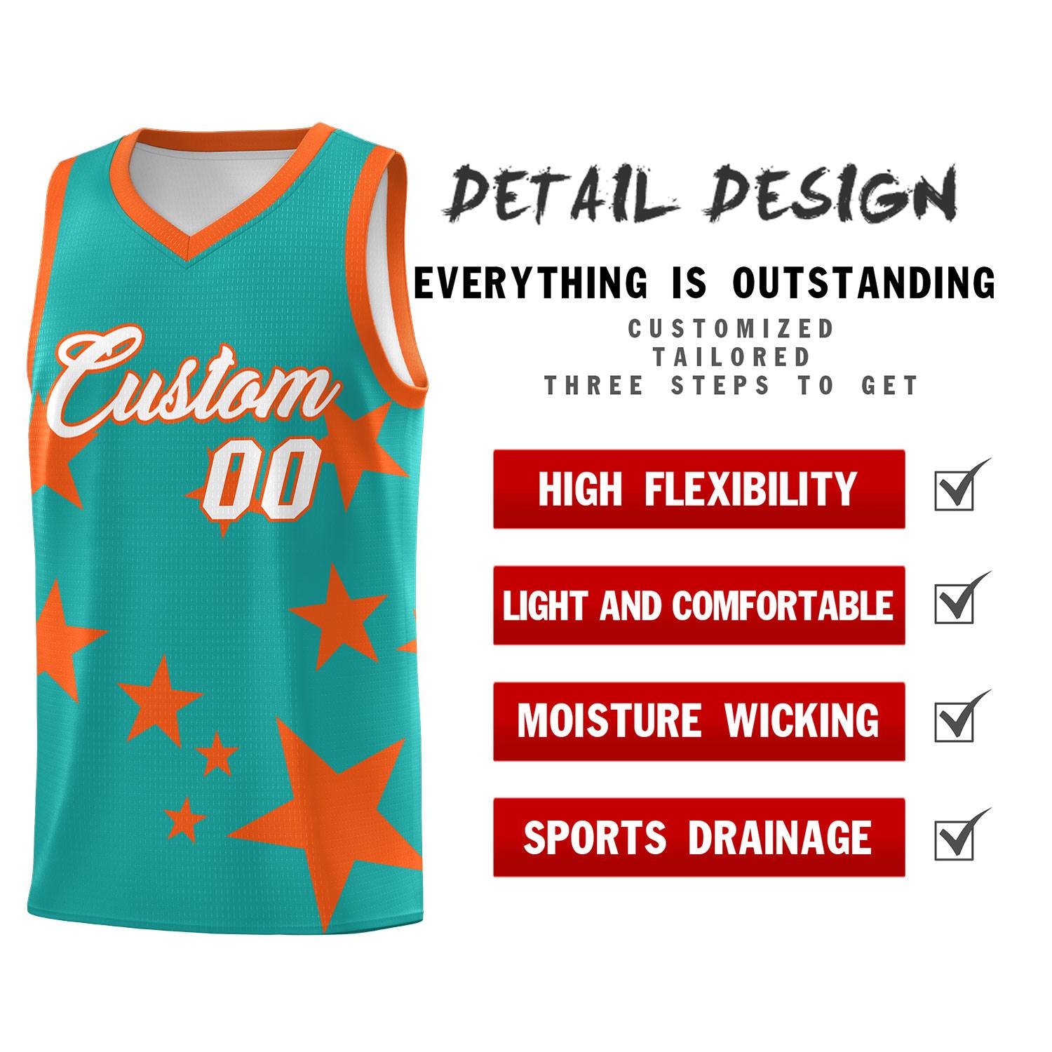 Custom Aqua Orange Graffiti Pattern Star Print Basketball Kits Sets