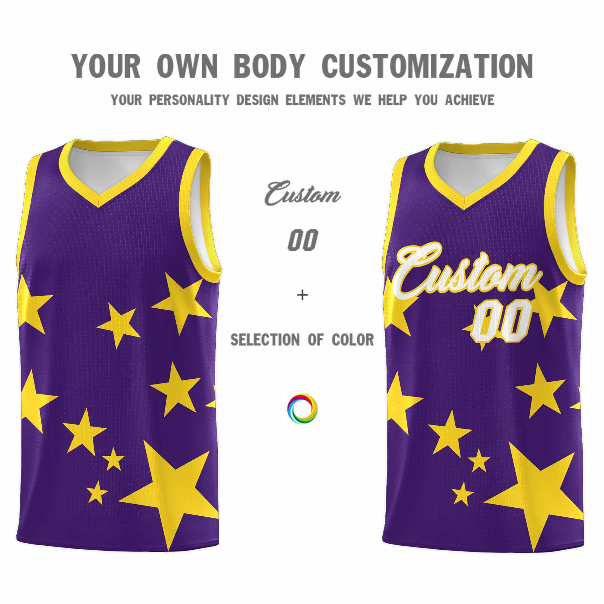 Custom Purple Gold Graffiti Pattern Star Print Basketball Kits Sets