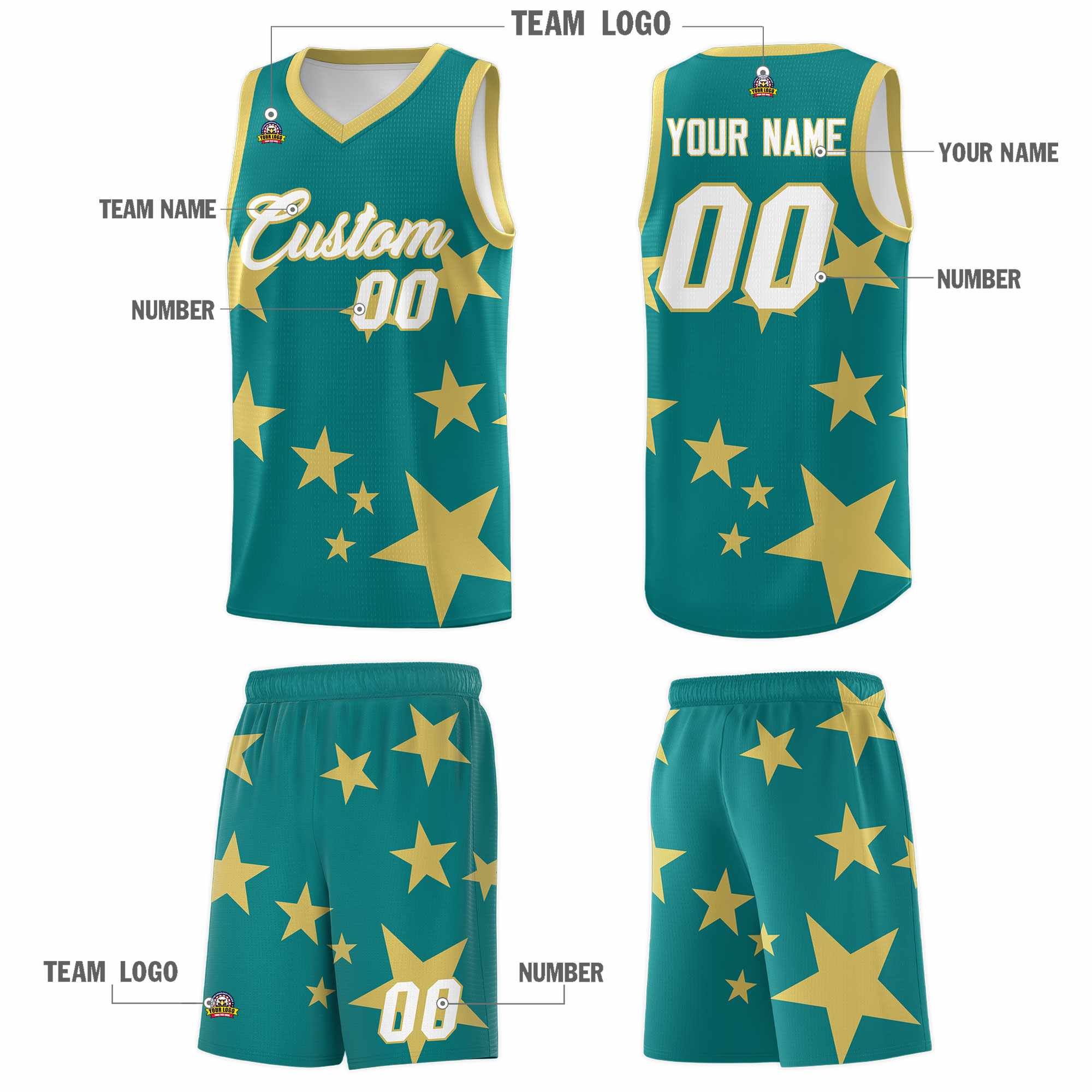 Custom Aqua Old Gold Graffiti Pattern Star Print Basketball Kits Sets