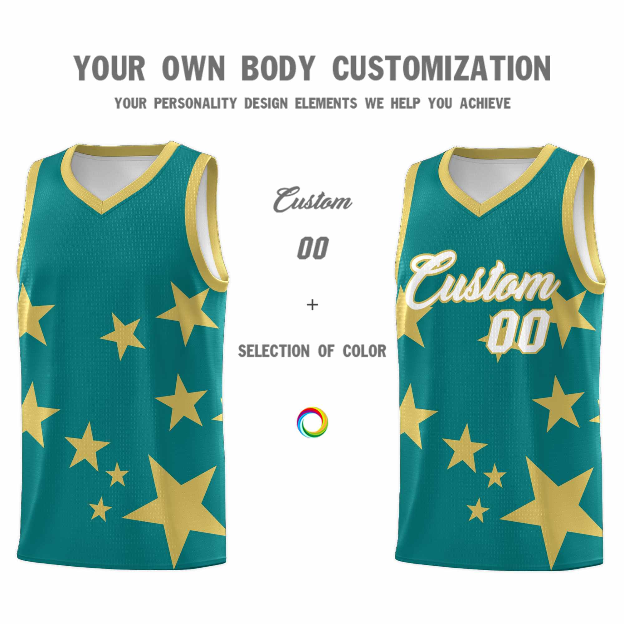 Custom Aqua Old Gold Graffiti Pattern Star Print Basketball Kits Sets