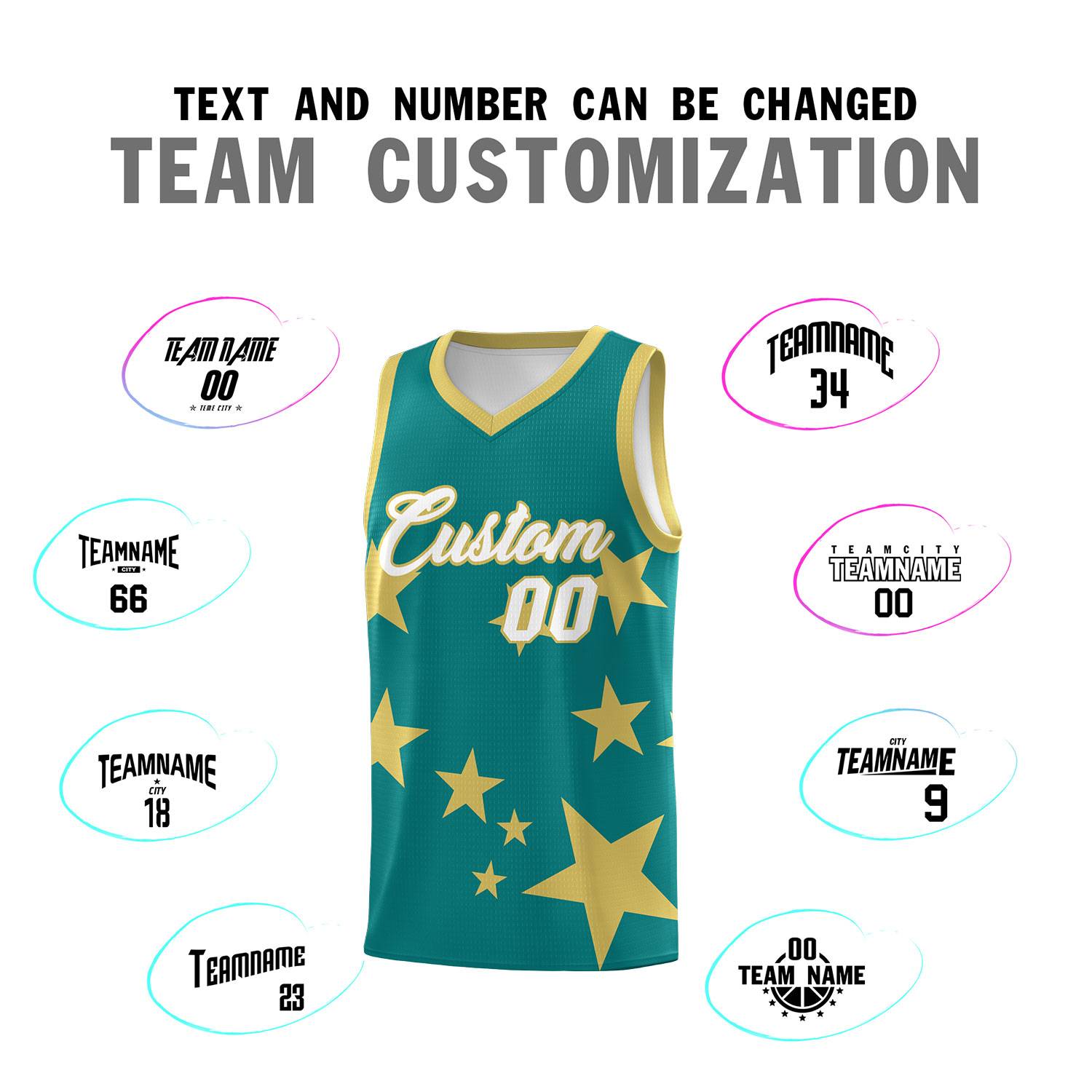 Custom Aqua Old Gold Graffiti Pattern Star Print Basketball Kits Sets