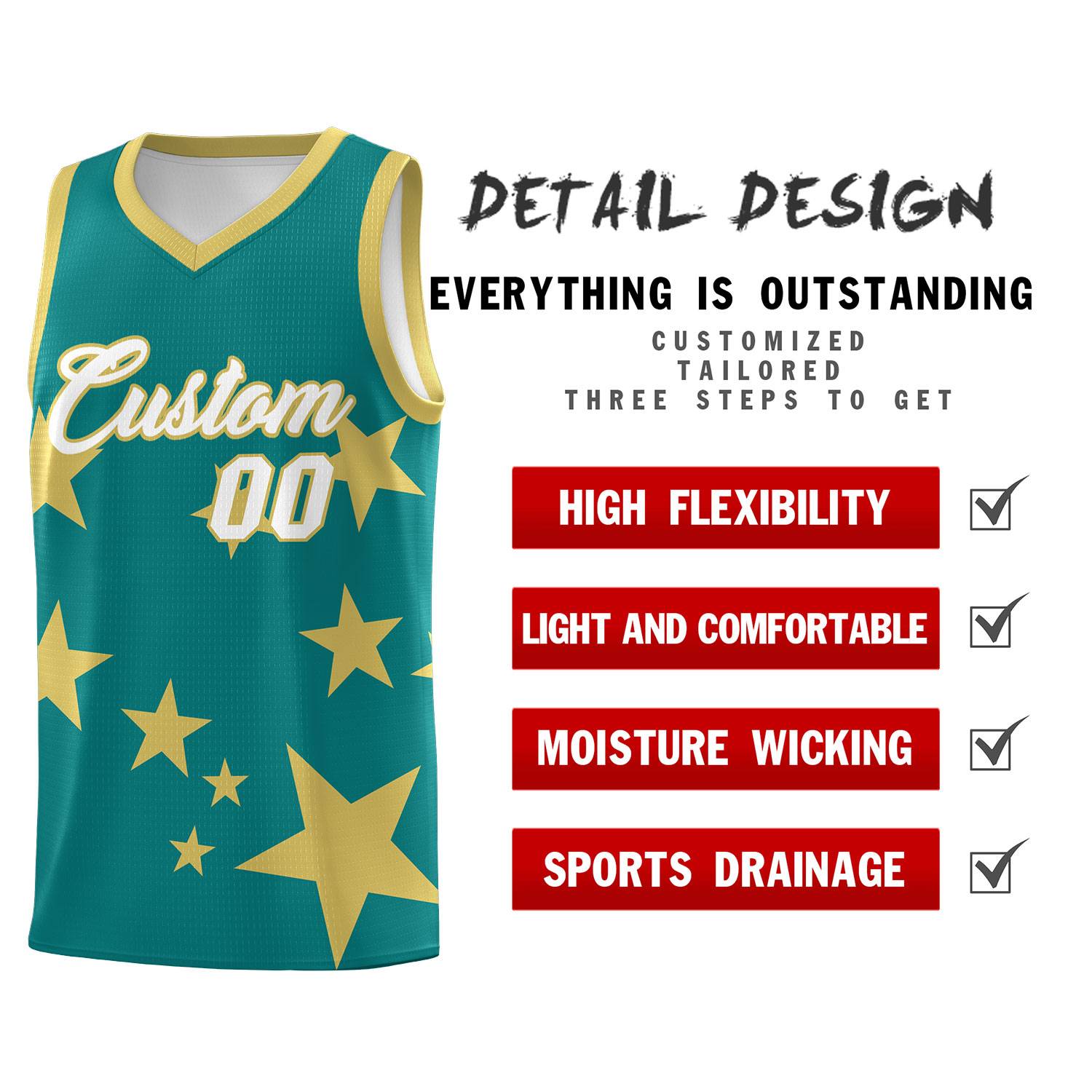 Custom Aqua Old Gold Graffiti Pattern Star Print Basketball Kits Sets