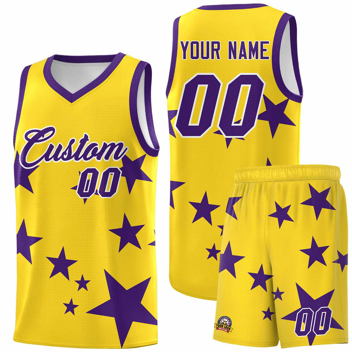 Custom Gold Purple Graffiti Pattern Star Print Basketball Kits Sets
