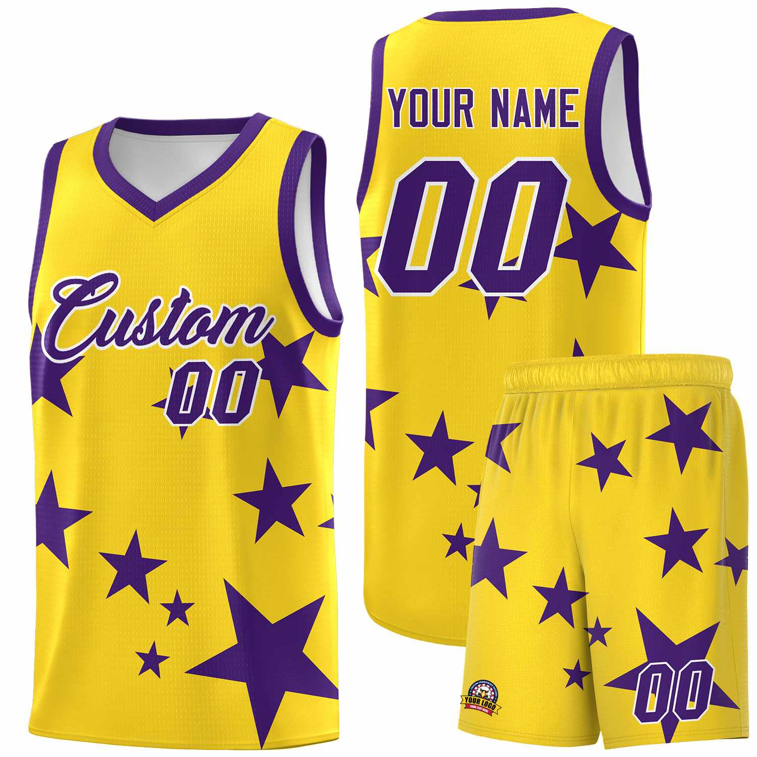 Custom Gold Purple Graffiti Pattern Star Print Basketball Kits Sets