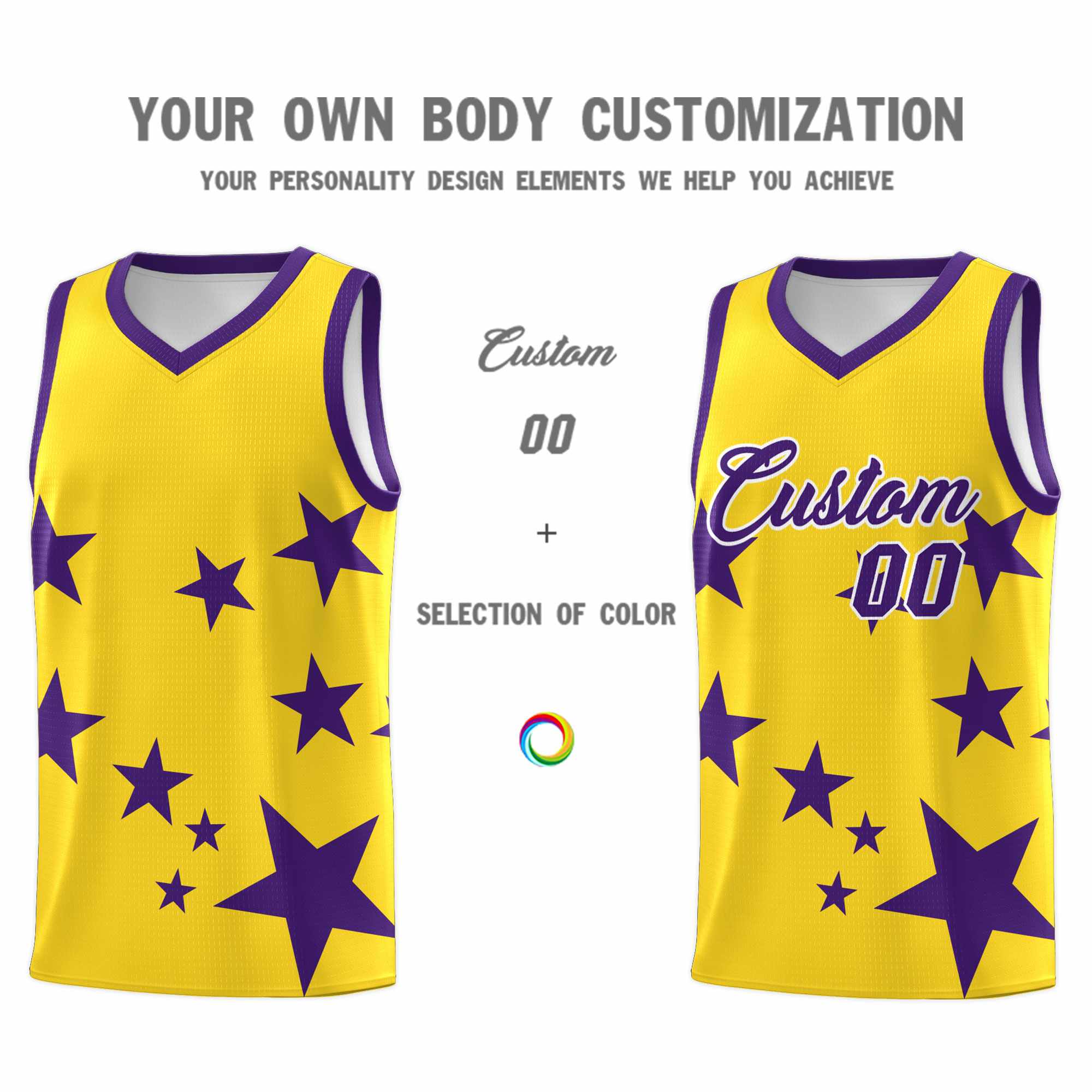 Custom Gold Purple Graffiti Pattern Star Print Basketball Kits Sets