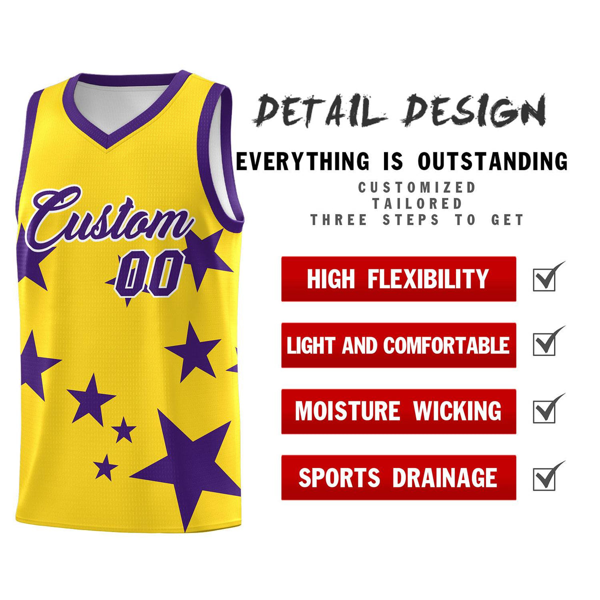 Custom Gold Purple Graffiti Pattern Star Print Basketball Kits Sets