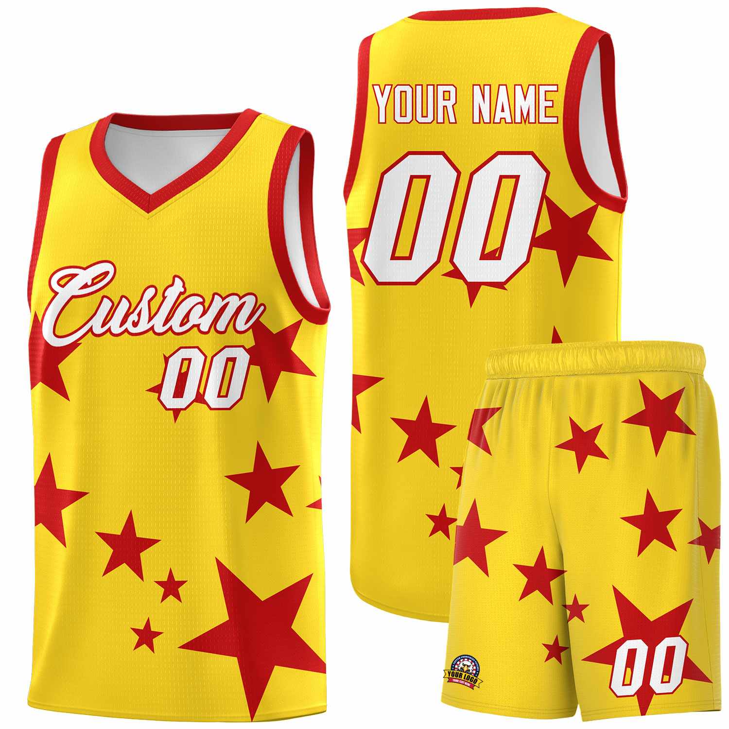 Custom Gold Red Graffiti Pattern Star Print Basketball Kits Sets