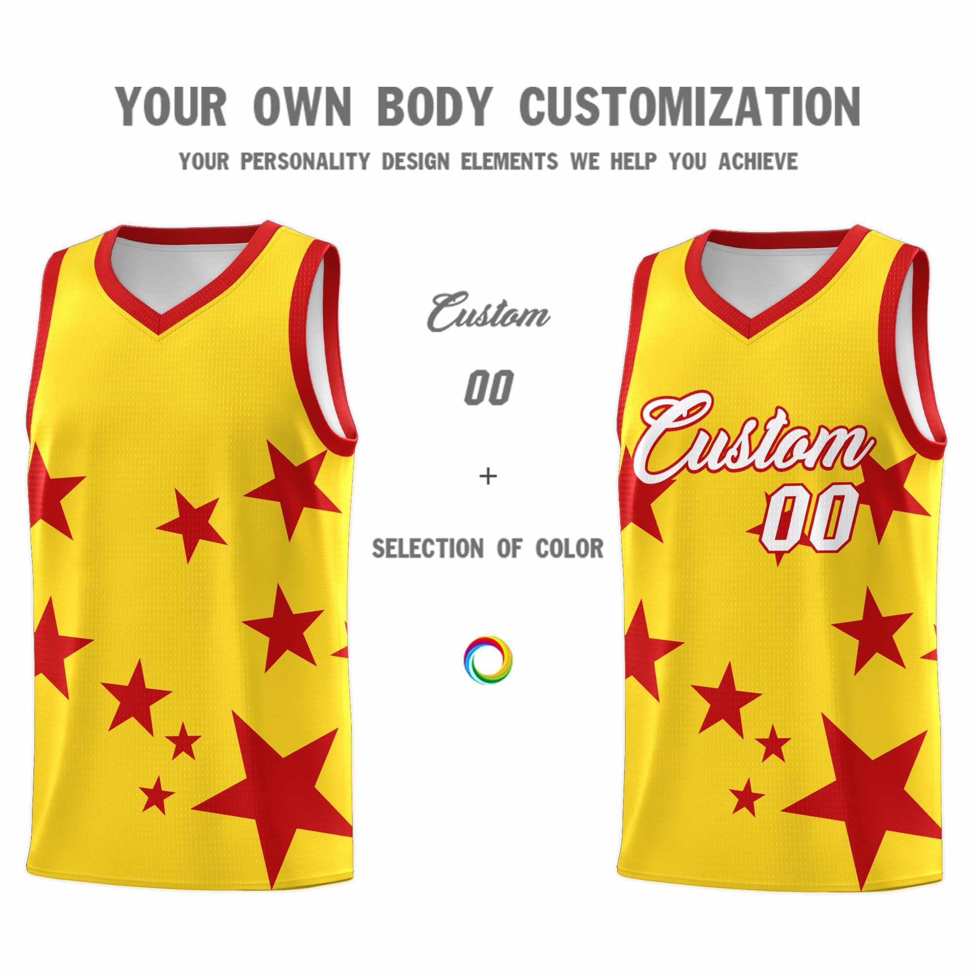 Custom Gold Red Graffiti Pattern Star Print Basketball Kits Sets