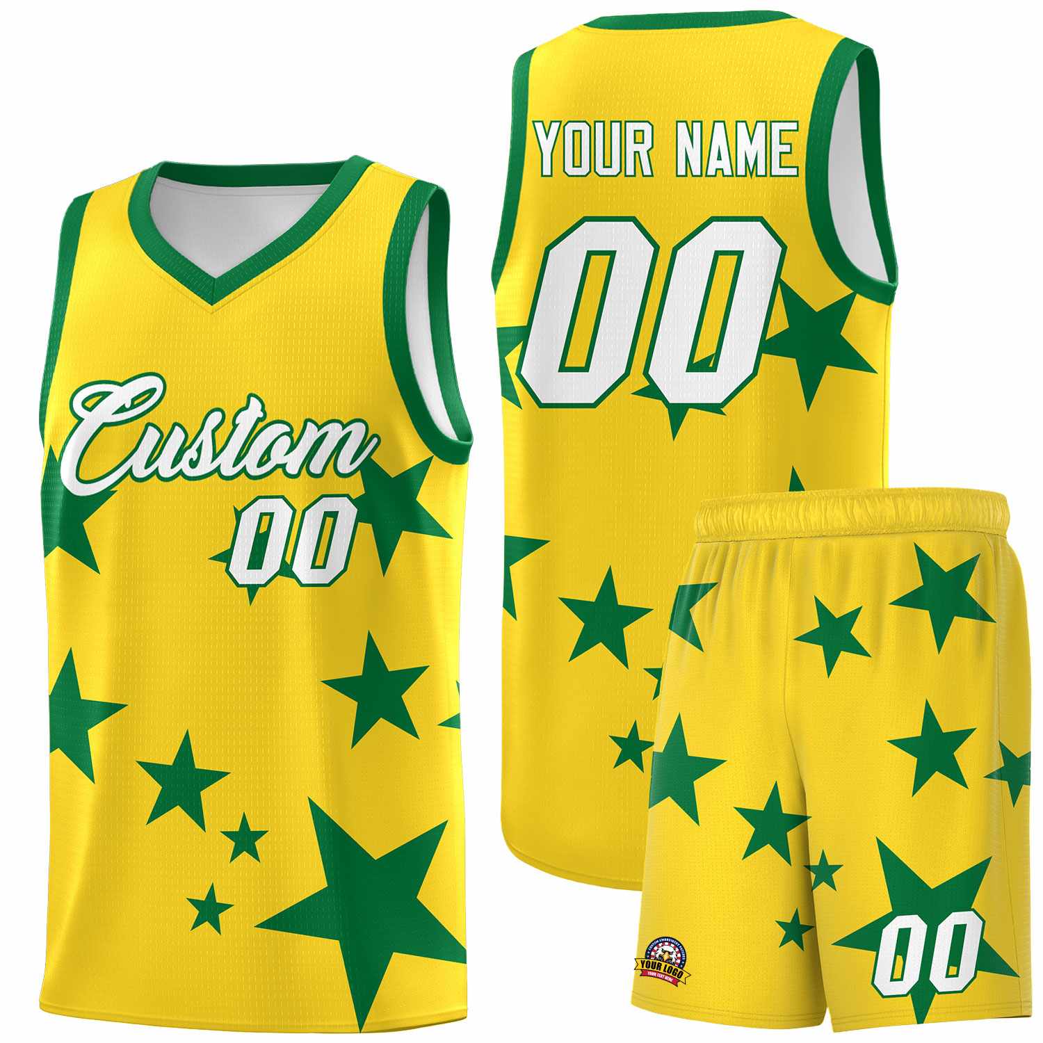 Custom Gold Kelly Green Graffiti Pattern Star Print Basketball Kits Sets