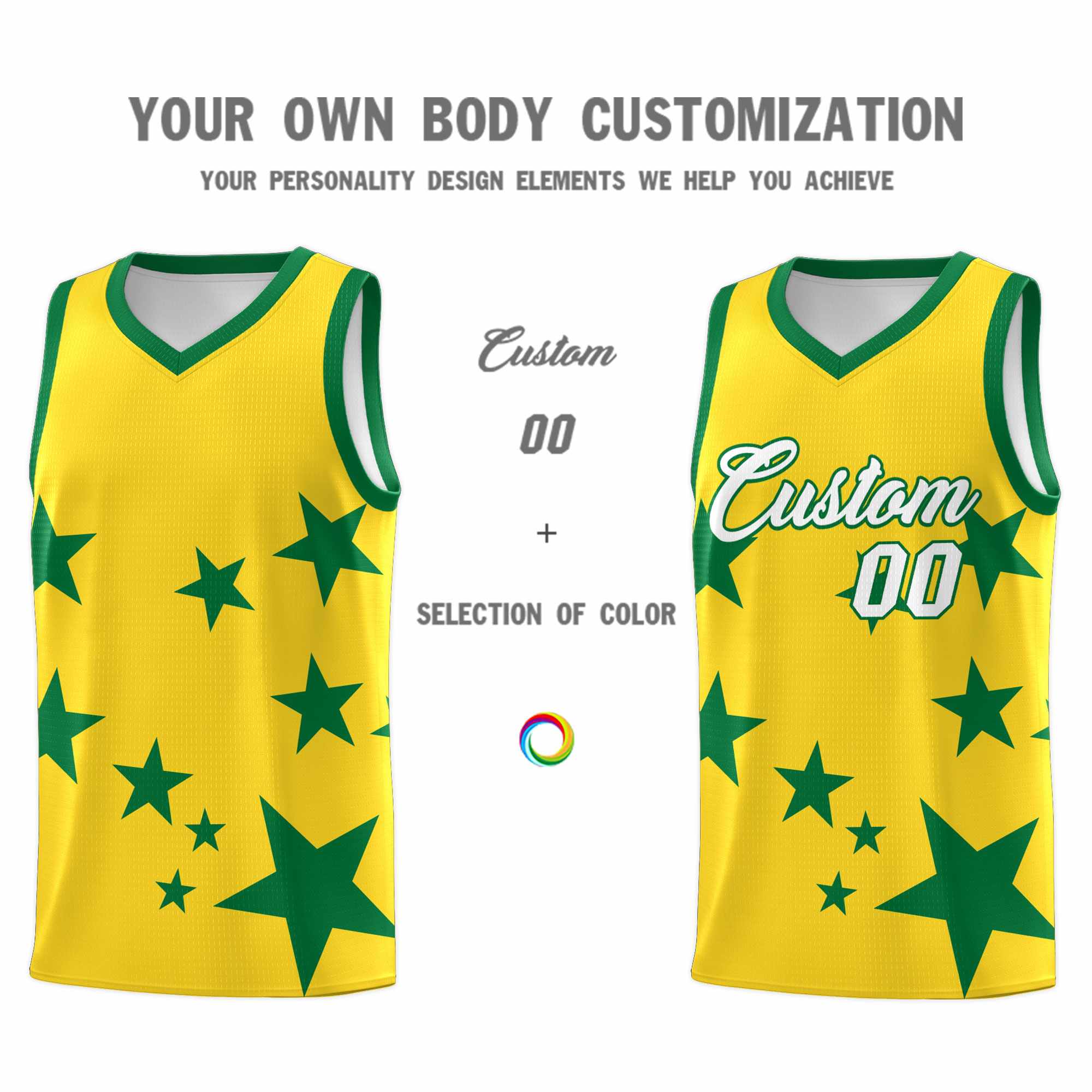 Custom Gold Kelly Green Graffiti Pattern Star Print Basketball Kits Sets