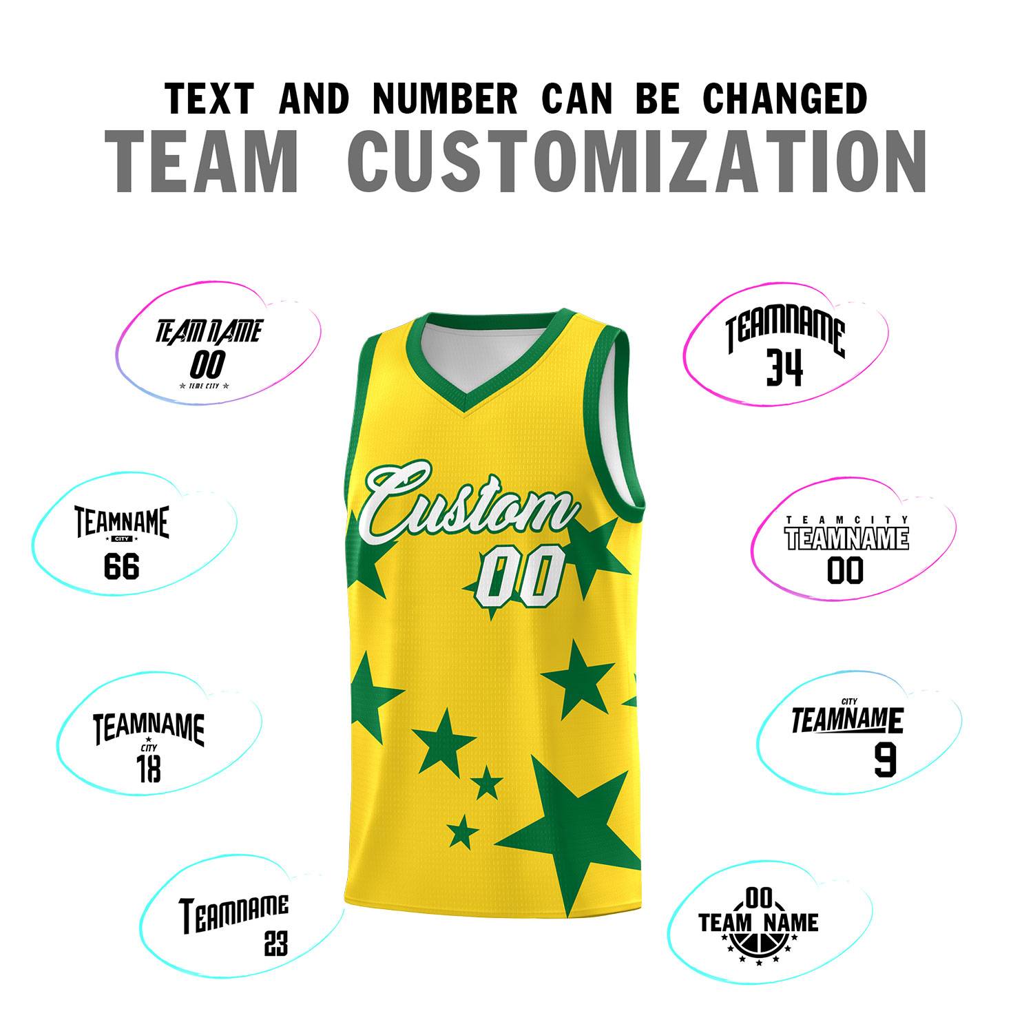 Custom Gold Kelly Green Graffiti Pattern Star Print Basketball Kits Sets
