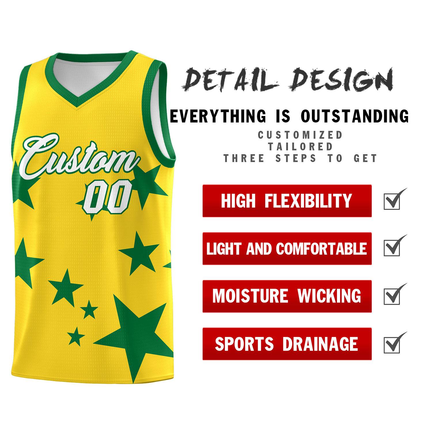Custom Gold Kelly Green Graffiti Pattern Star Print Basketball Kits Sets