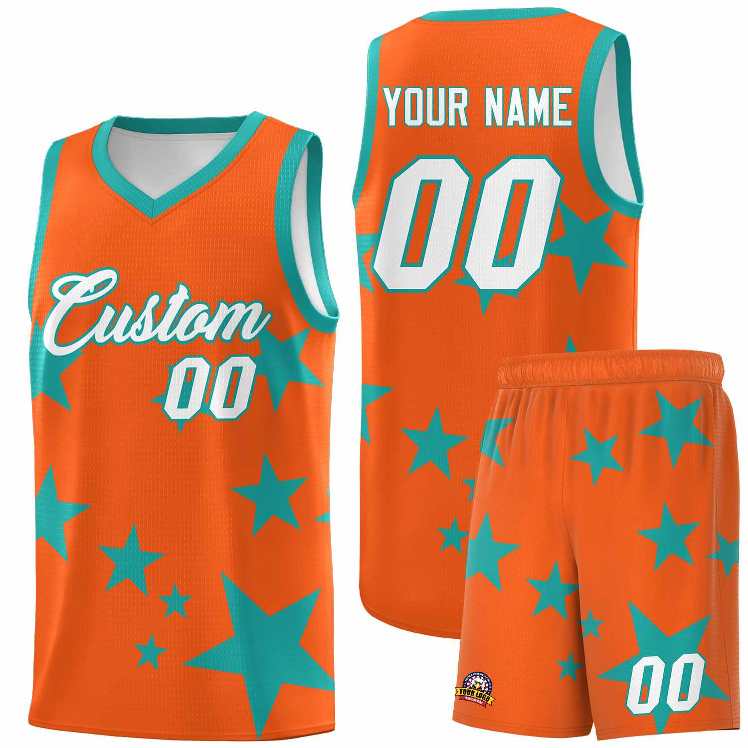 Custom Orange Aqua Graffiti Pattern Star Print Basketball Kits Sets