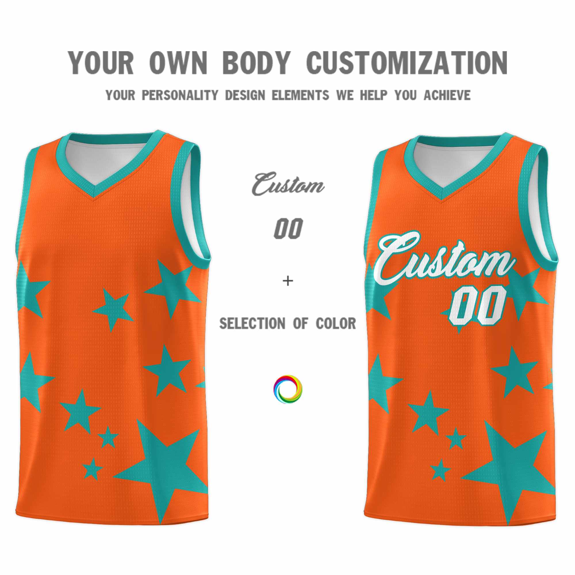 Custom Orange Aqua Graffiti Pattern Star Print Basketball Kits Sets