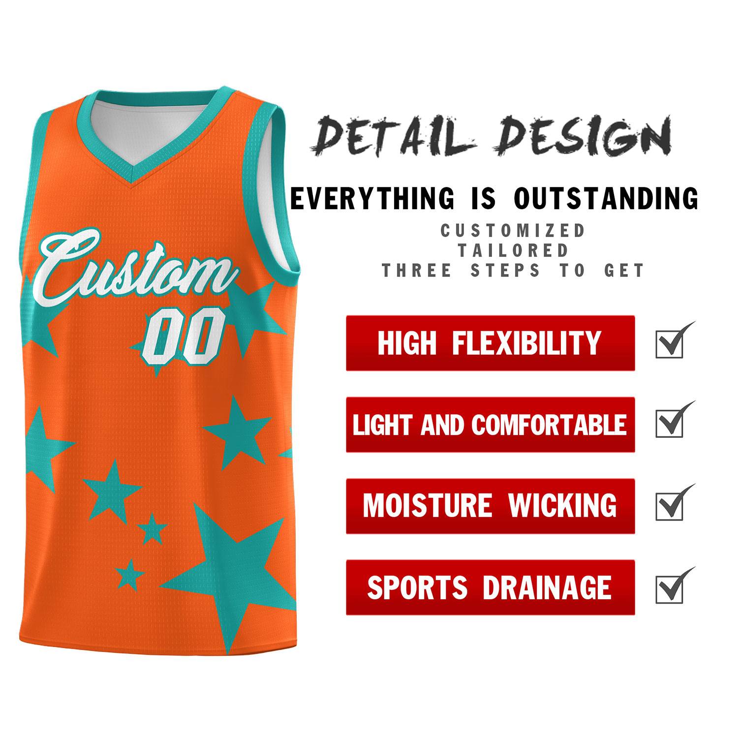 Custom Orange Aqua Graffiti Pattern Star Print Basketball Kits Sets