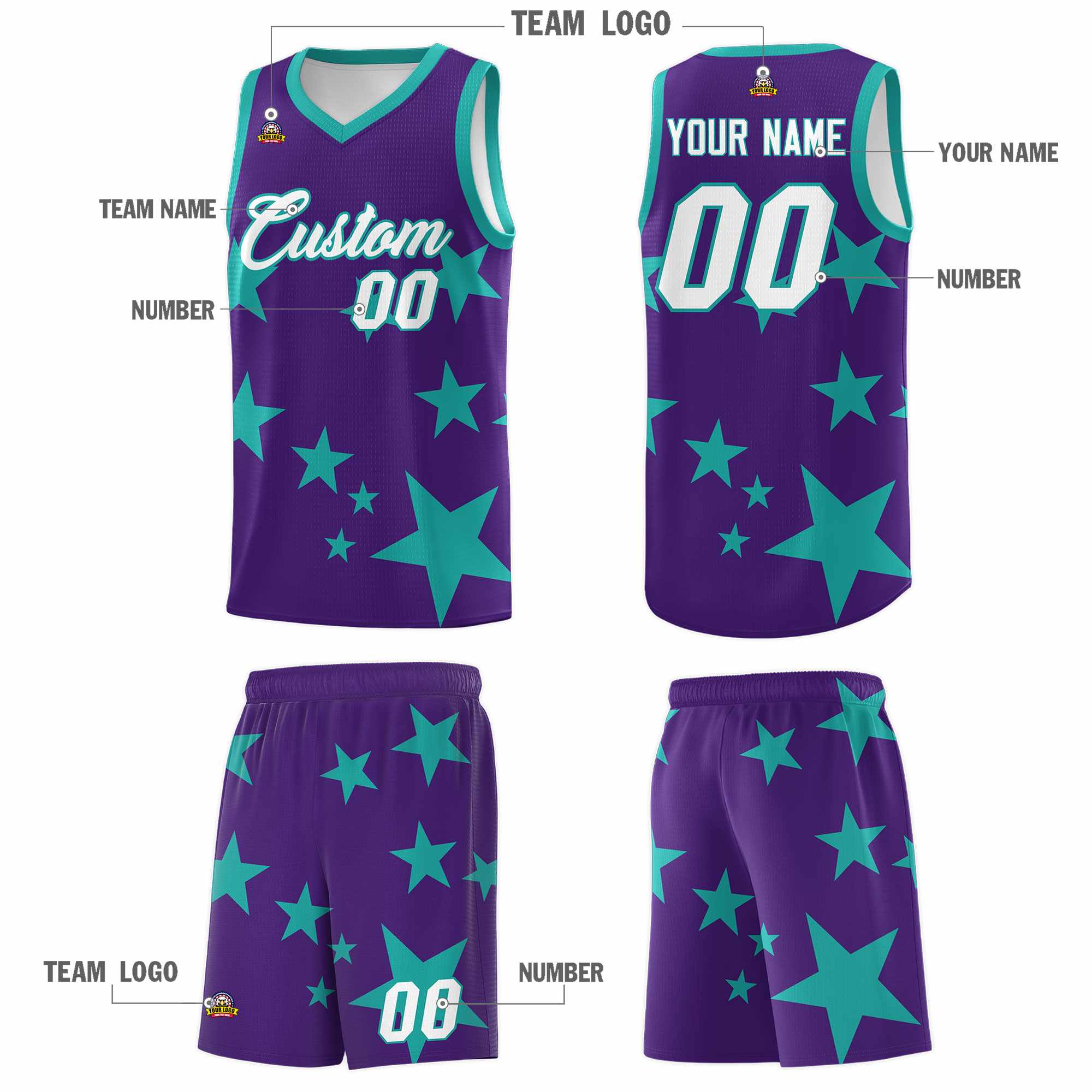 Custom Purple Aqua Graffiti Pattern Star Print Basketball Kits Sets