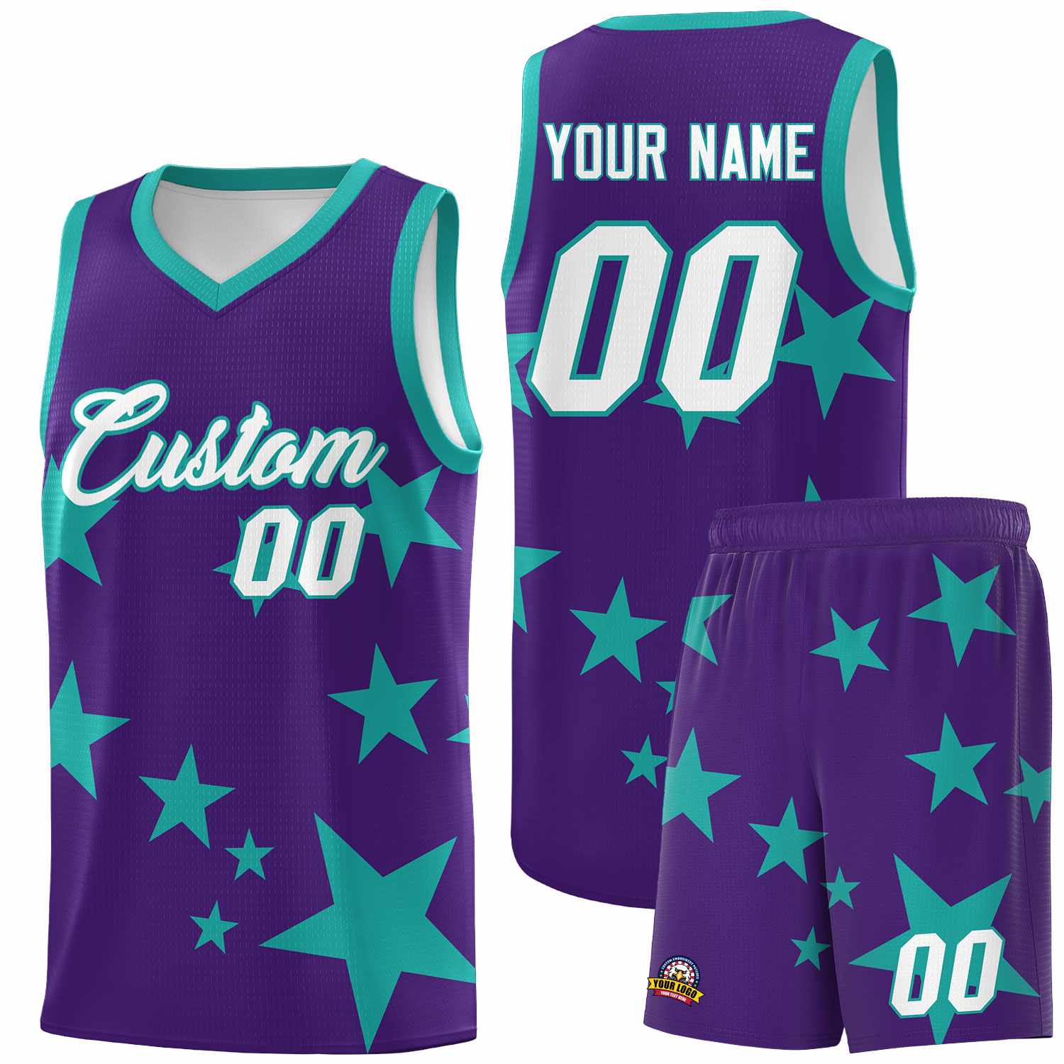 Custom Purple Aqua Graffiti Pattern Star Print Basketball Kits Sets