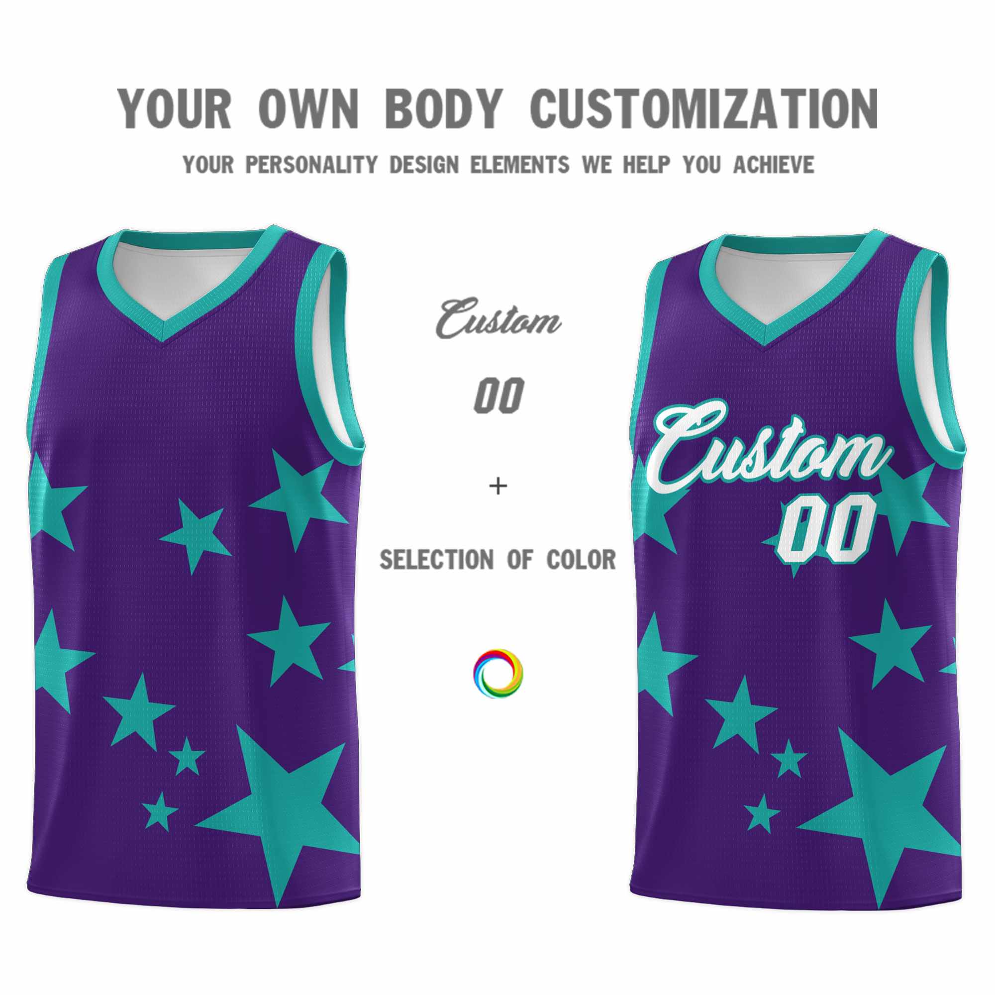 Custom Purple Aqua Graffiti Pattern Star Print Basketball Kits Sets
