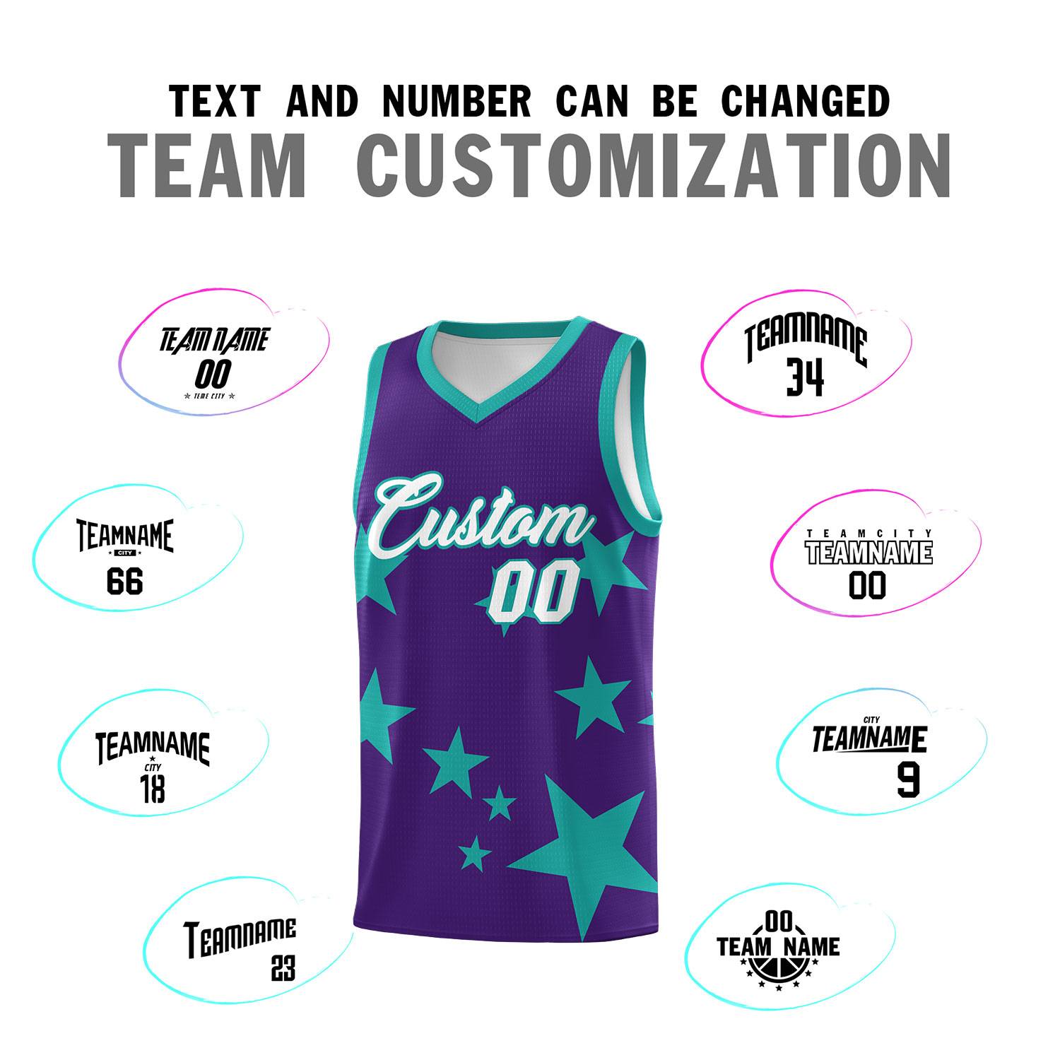 Custom Purple Aqua Graffiti Pattern Star Print Basketball Kits Sets