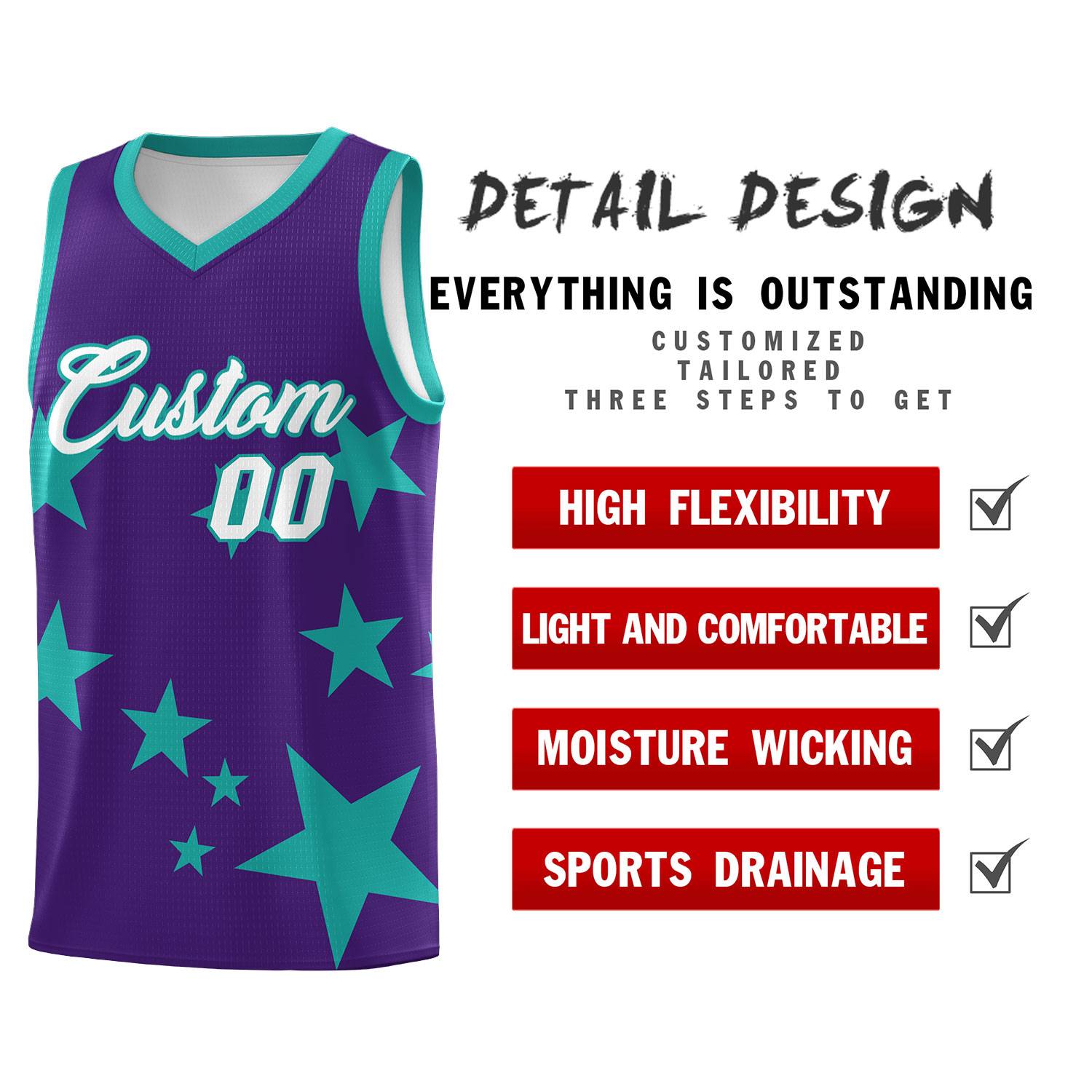 Custom Purple Aqua Graffiti Pattern Star Print Basketball Kits Sets