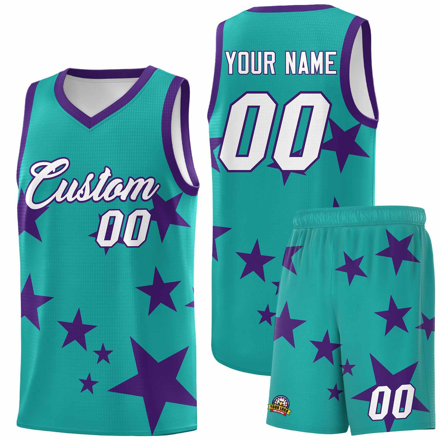 Custom Aqua Purple Graffiti Pattern Star Print Basketball Kits Sets