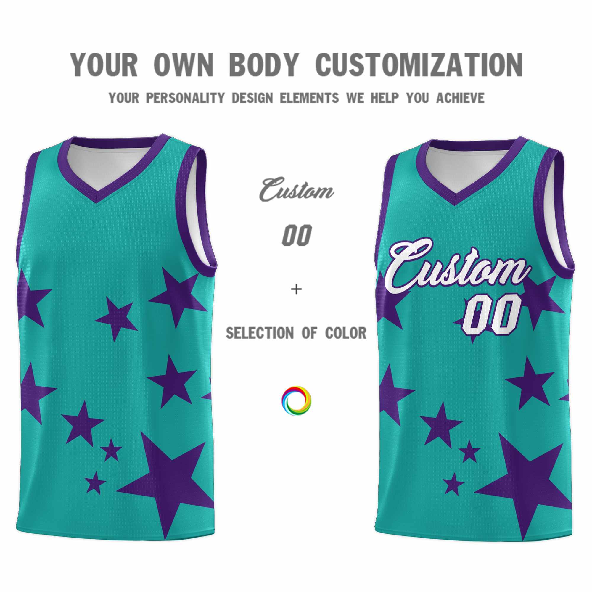 Custom Aqua Purple Graffiti Pattern Star Print Basketball Kits Sets