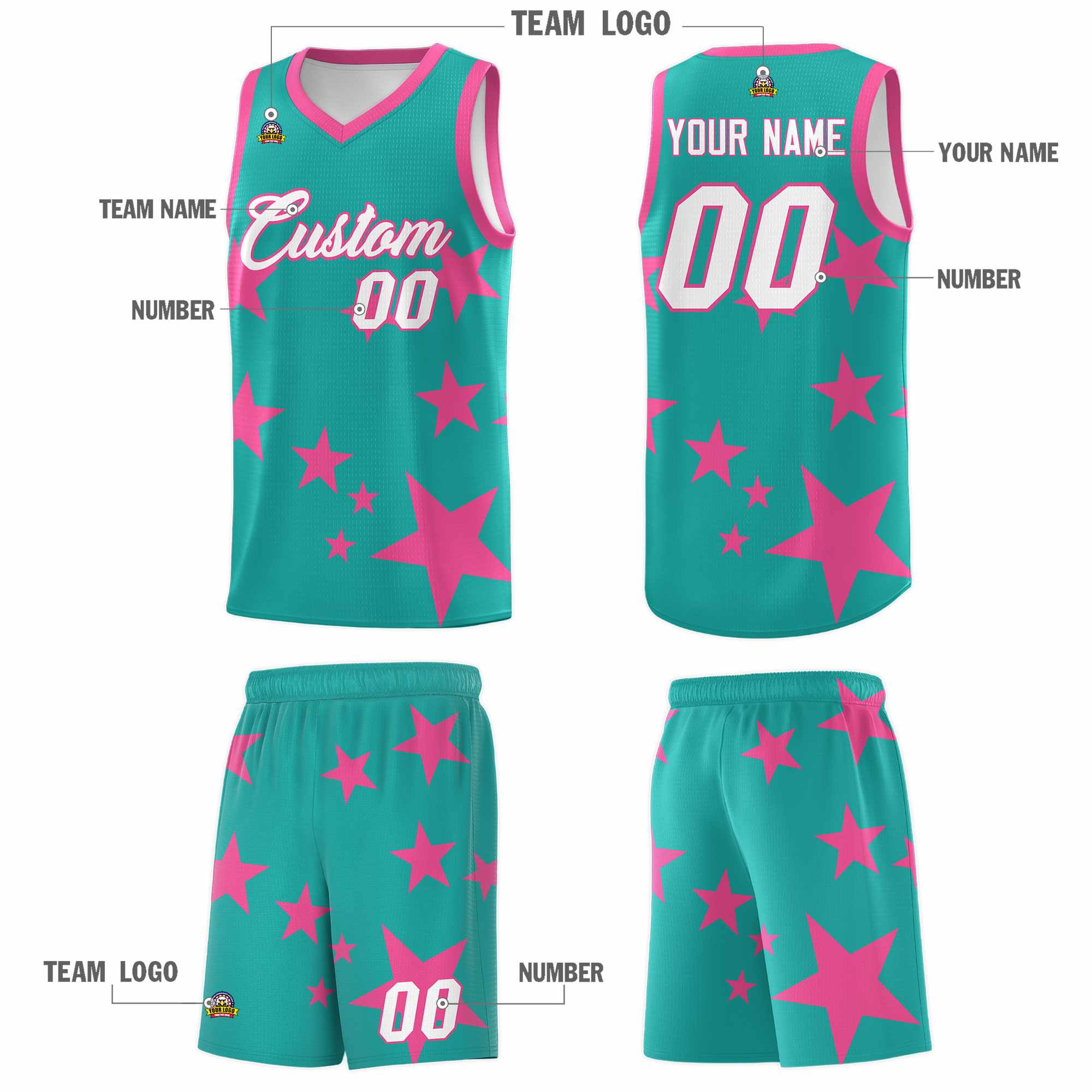 Custom Aqua Pink Graffiti Pattern Star Print Basketball Kits Sets