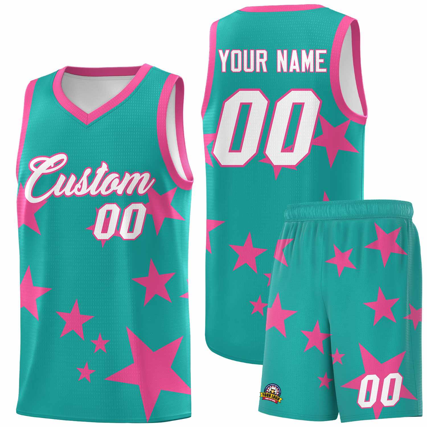 Custom Aqua Pink Graffiti Pattern Star Print Basketball Kits Sets