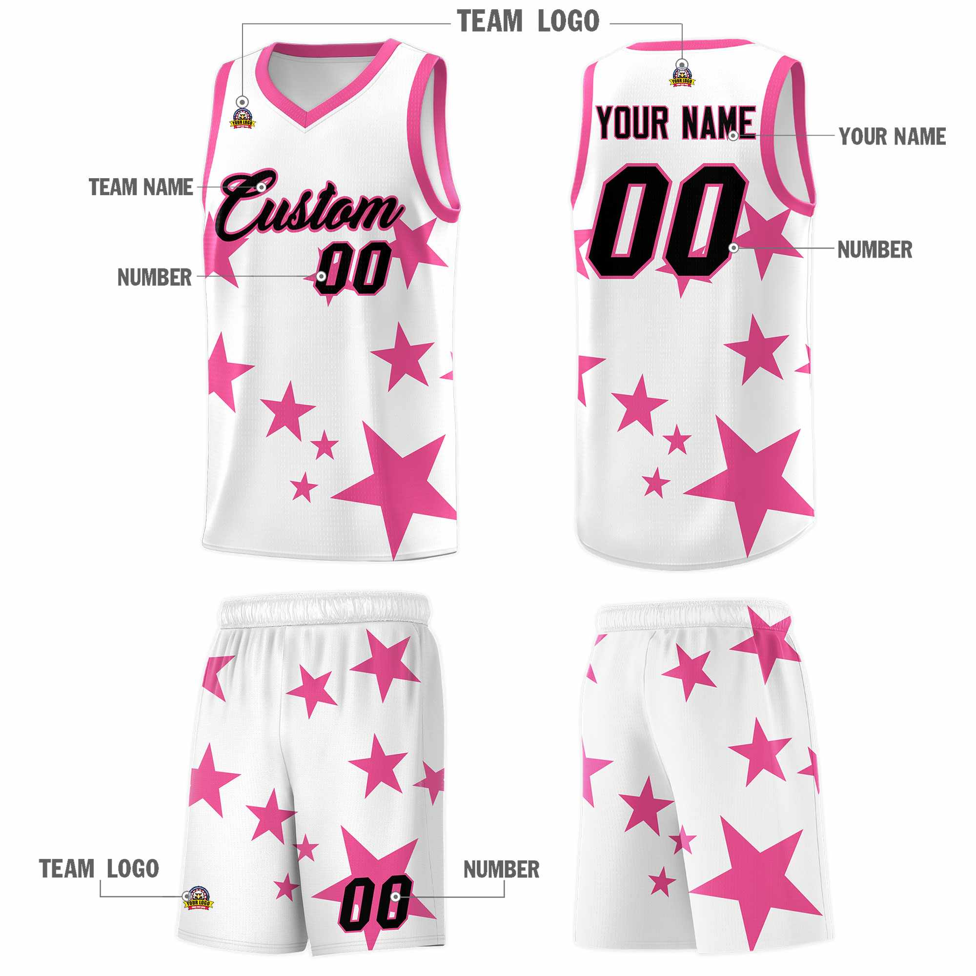 Custom White Pink Graffiti Pattern Star Print Basketball Kits Sets