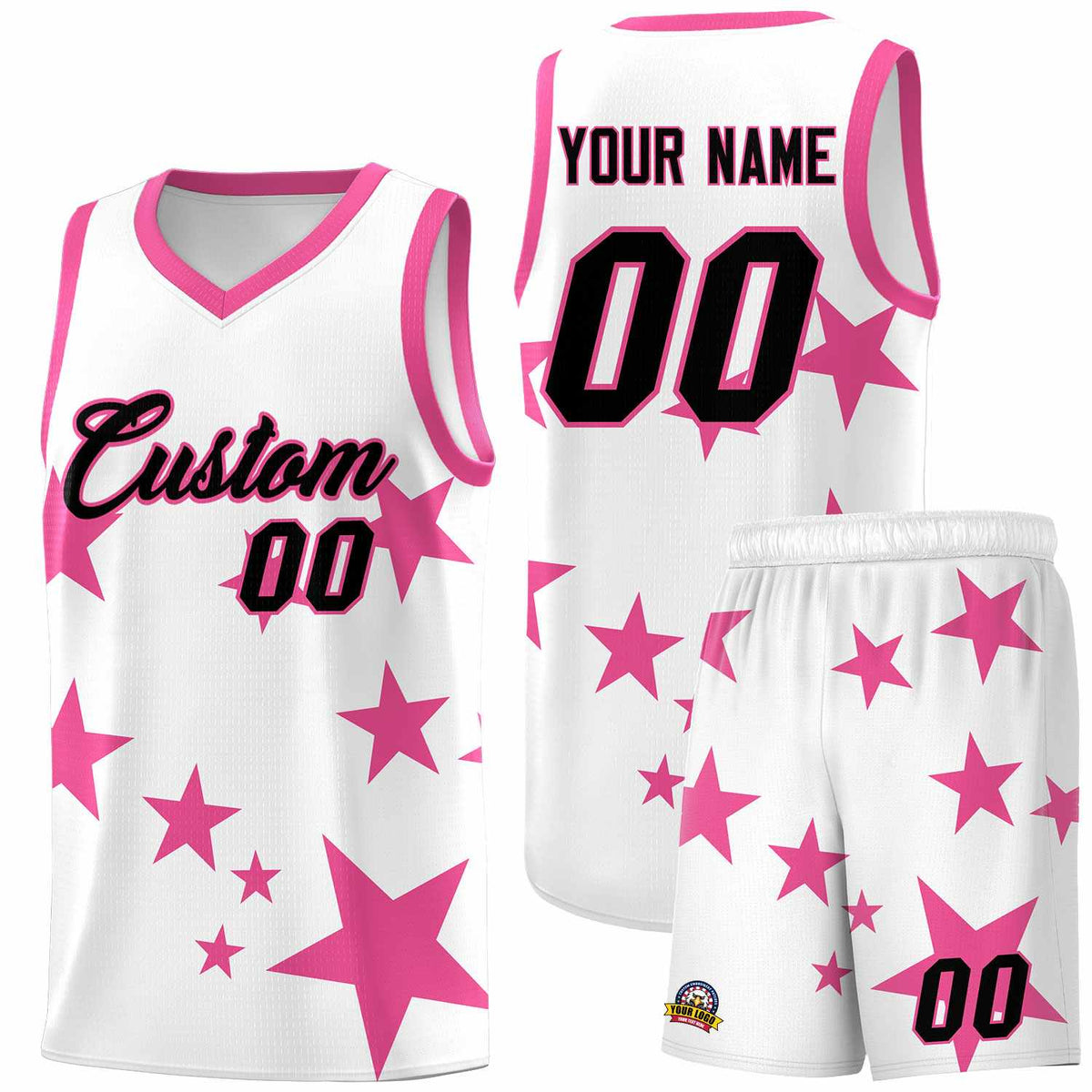Custom White Pink Graffiti Pattern Star Print Basketball Kits Sets