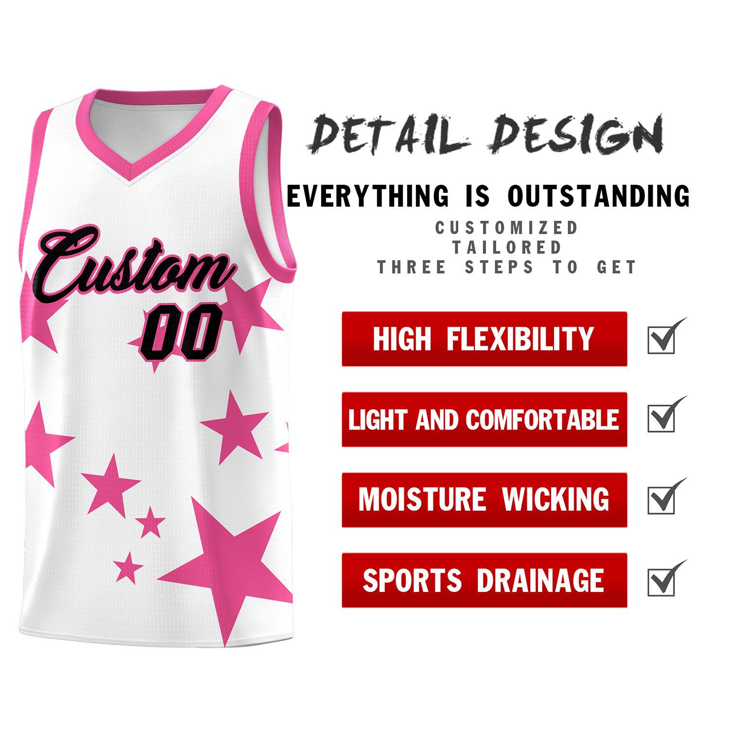 Custom White Pink Graffiti Pattern Star Print Basketball Kits Sets