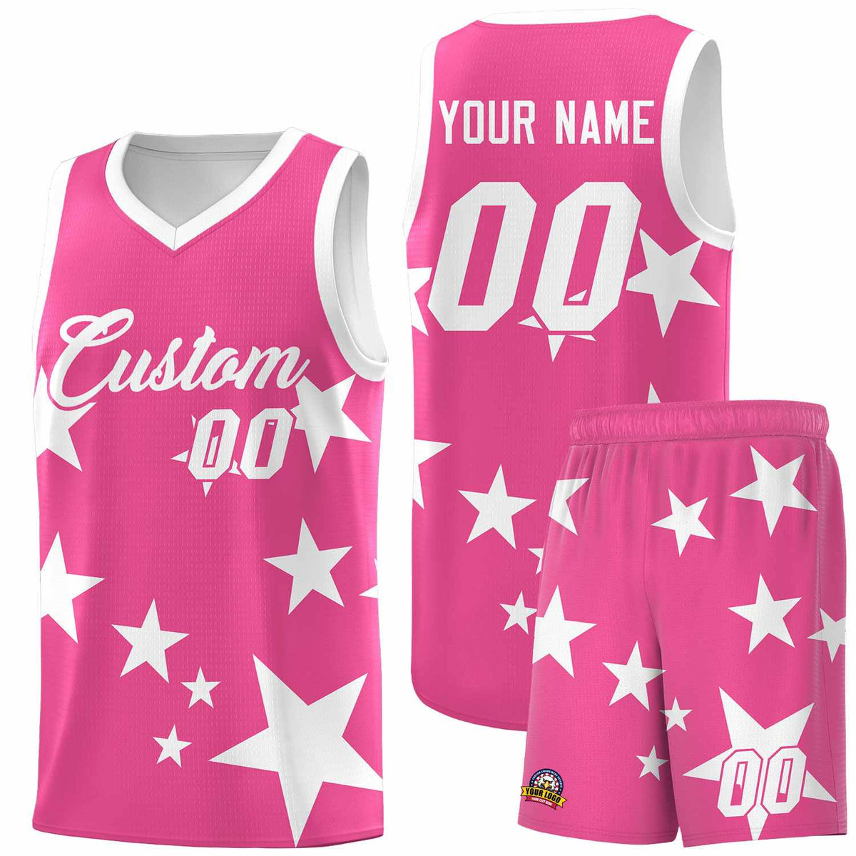 Custom Pink White Graffiti Pattern Star Print Basketball Kits Sets